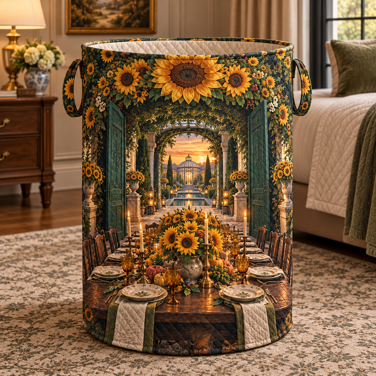 Sunflower Gratitude Feast Laundry Hamper with printed optical 3D artwork in its use setting