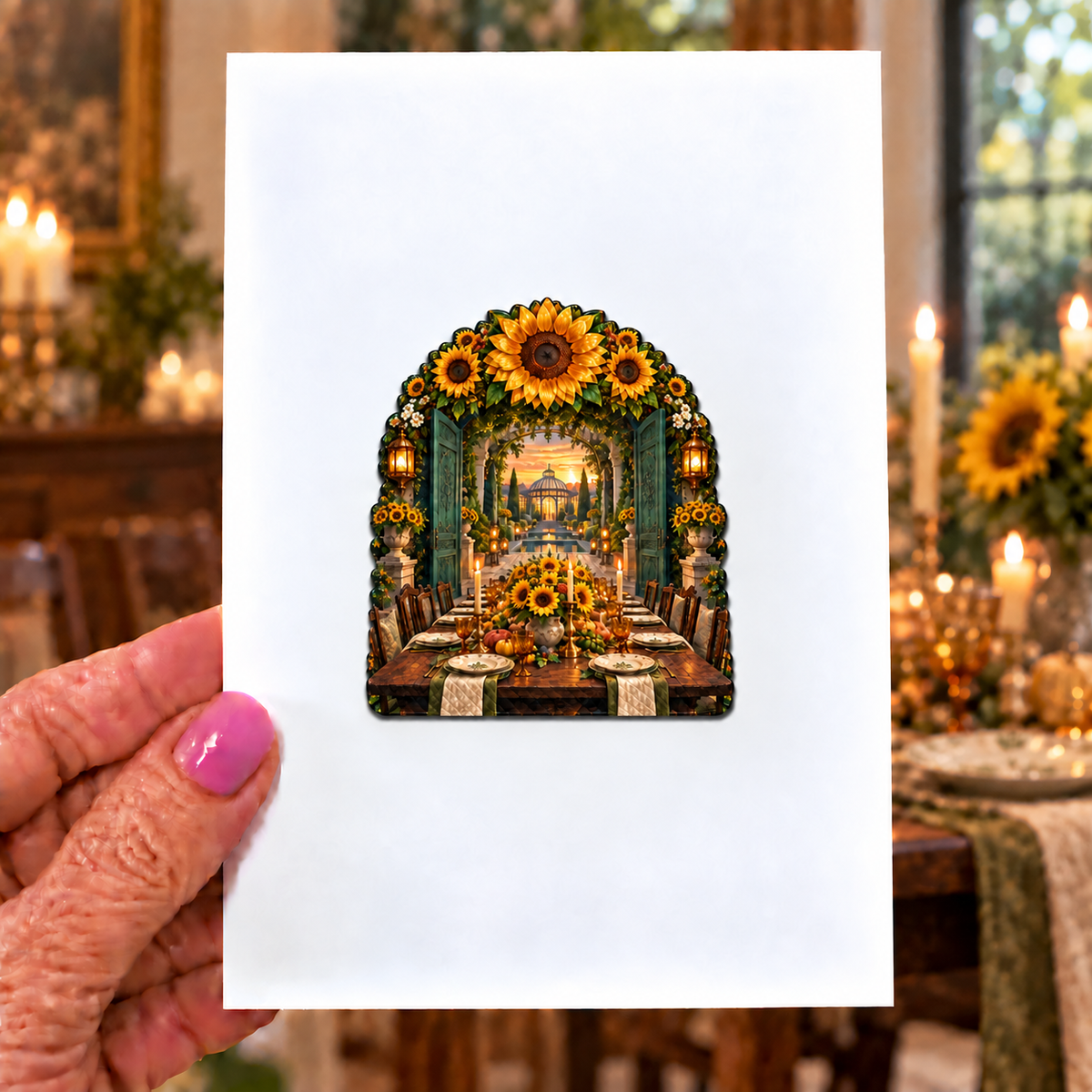 Sunflower Gratitude Feast Acrylic Refrigerator Magnet with printed optical 3D artwork in its use setting