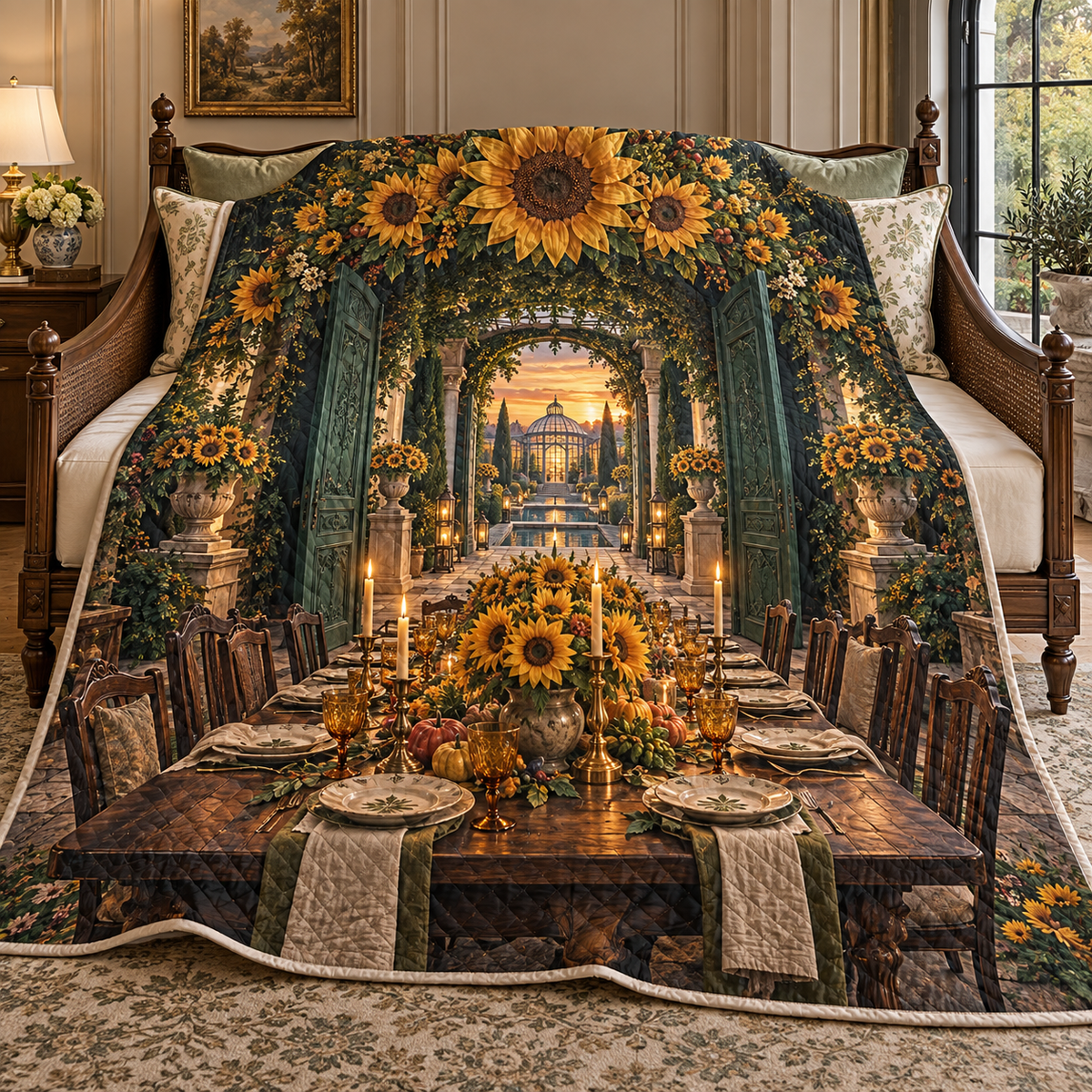Sunflower Gratitude Feast Quilt Blanket with printed optical 3D artwork in its use setting