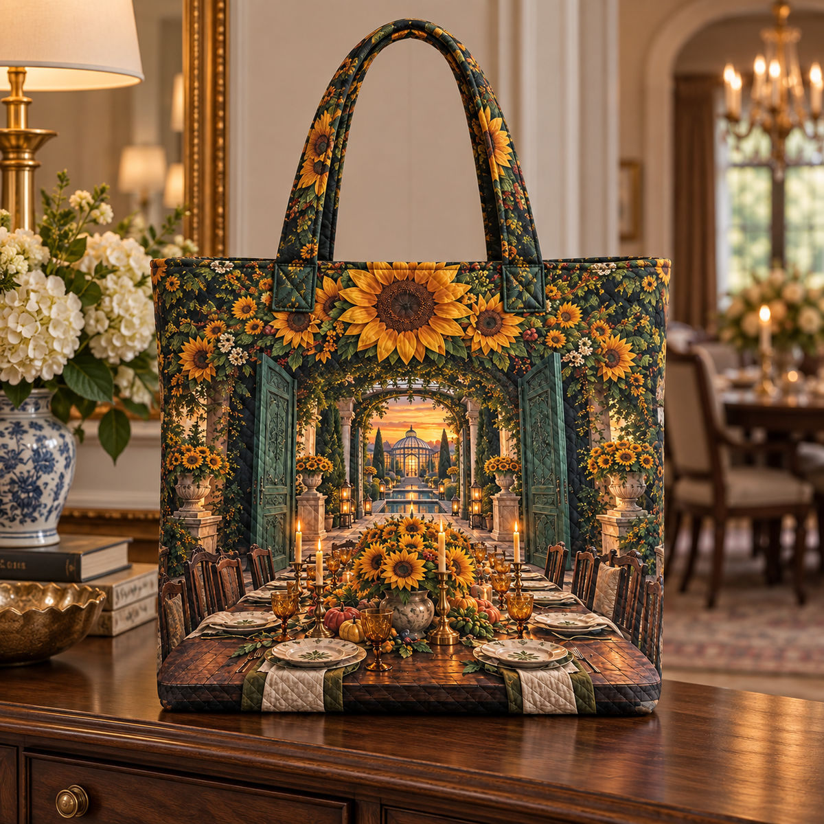 Sunflower Gratitude Feast Quilted Tote Bag with printed optical 3D artwork in its use setting