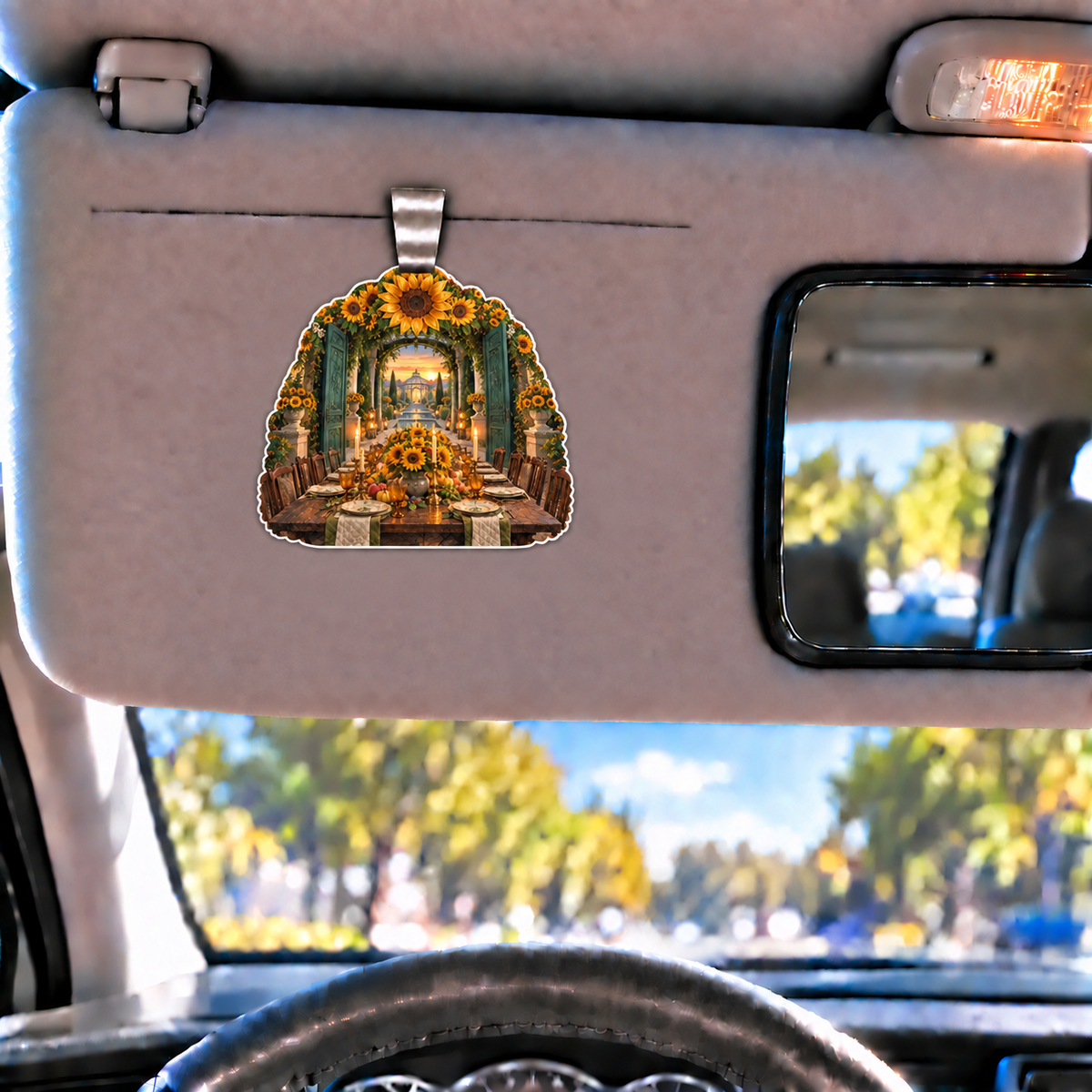 Sunflower Gratitude Feast Holographic Car Visor Clip with printed optical 3D artwork in its use setting