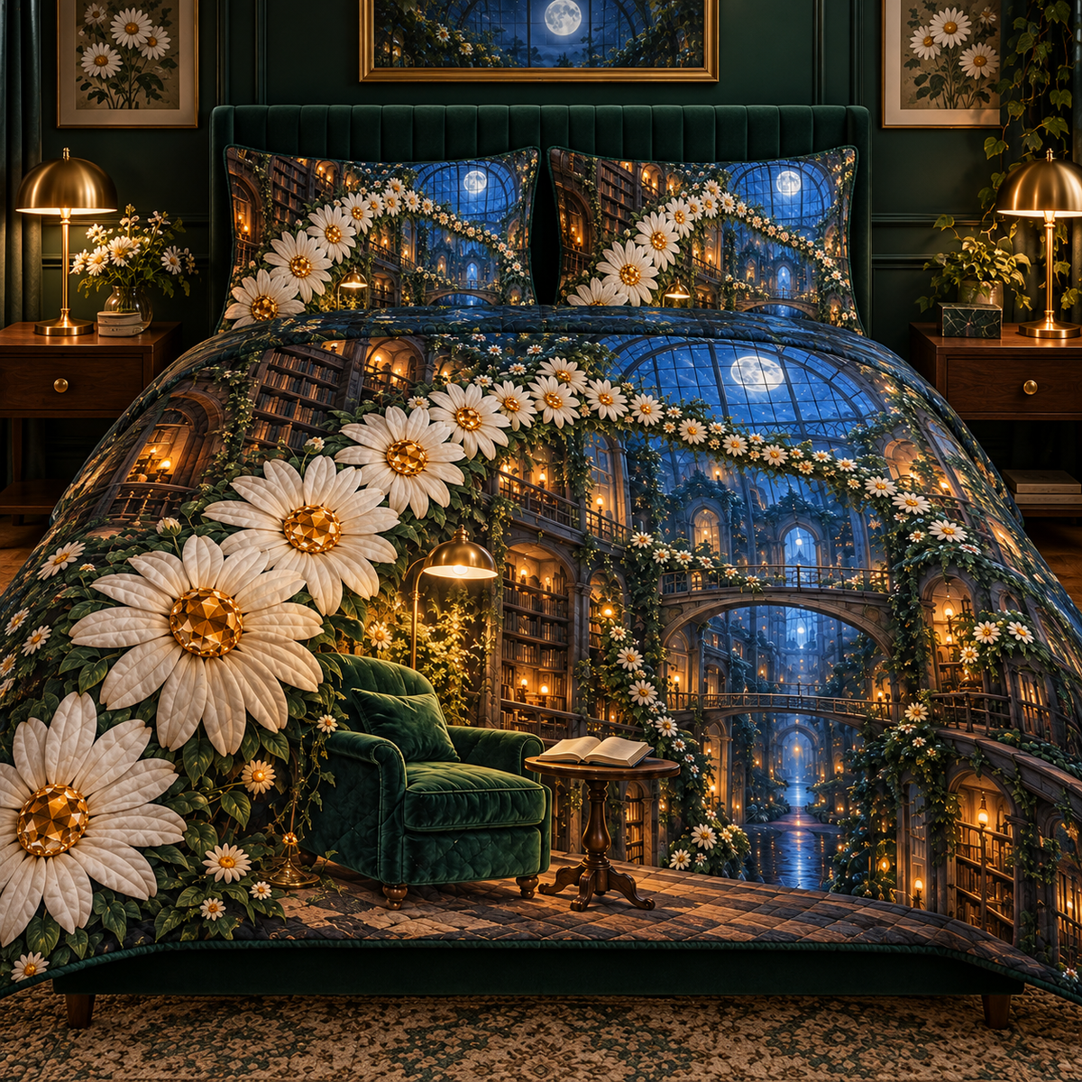 Daisy Lantern Library Quilted Bedding Set with printed optical 3D artwork in its use setting