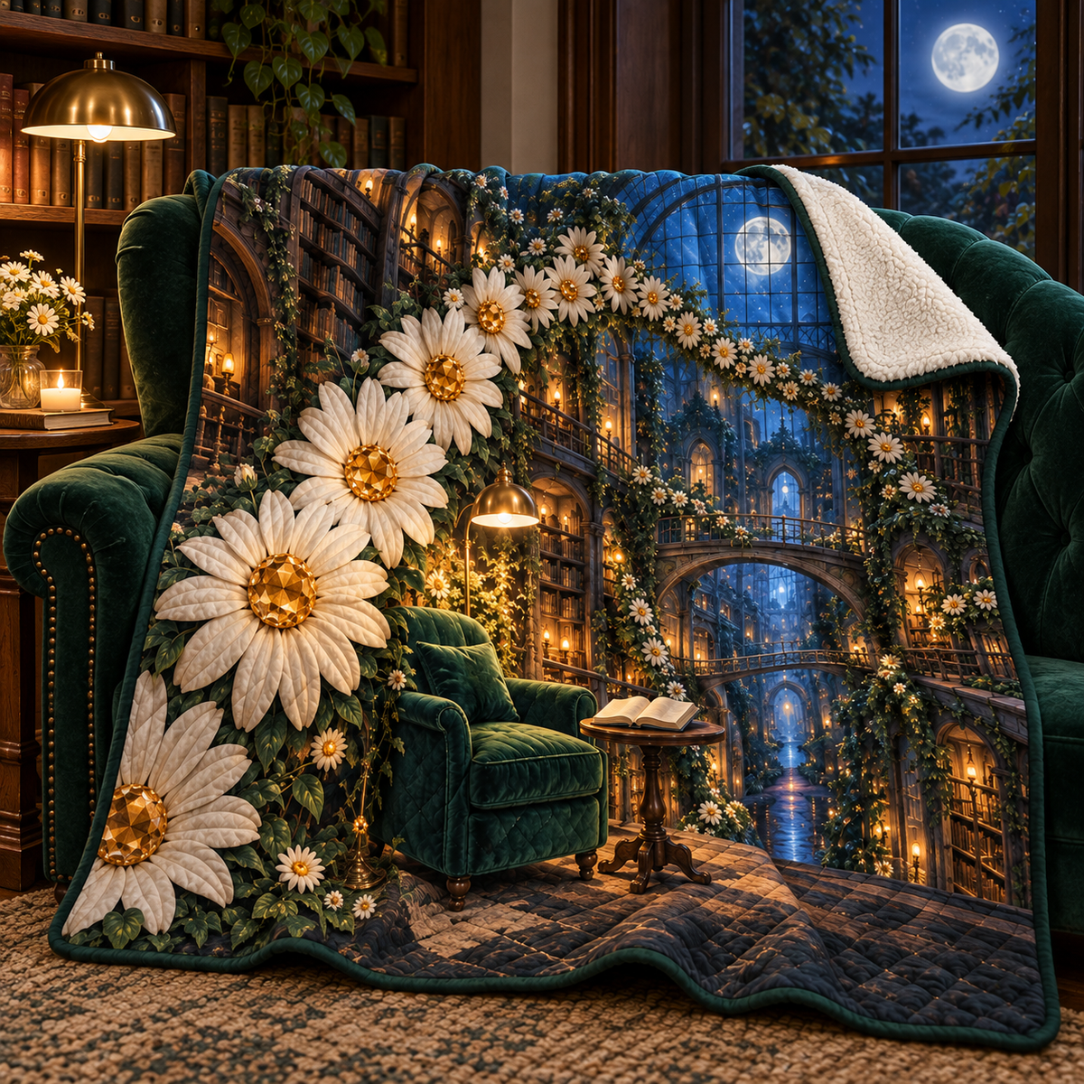 Daisy Lantern Library Sherpa & Fleece Blanket with printed optical 3D artwork in its use setting