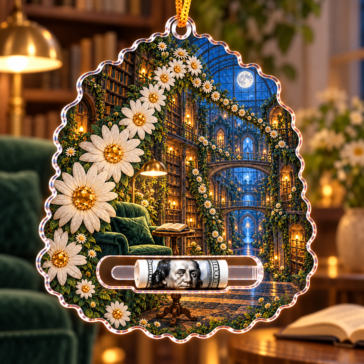 Daisy Lantern Library Acrylic Cash Holder Ornament with printed optical 3D artwork in its use setting