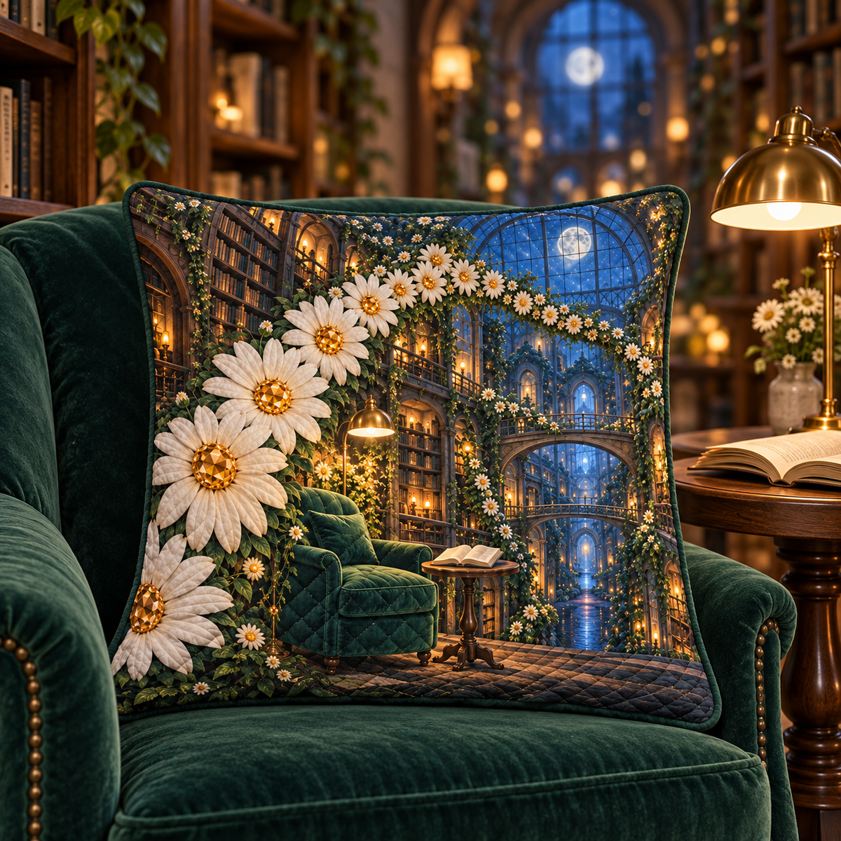 Daisy Lantern Library Quilted Cushion Cover with printed optical 3D artwork in its use setting