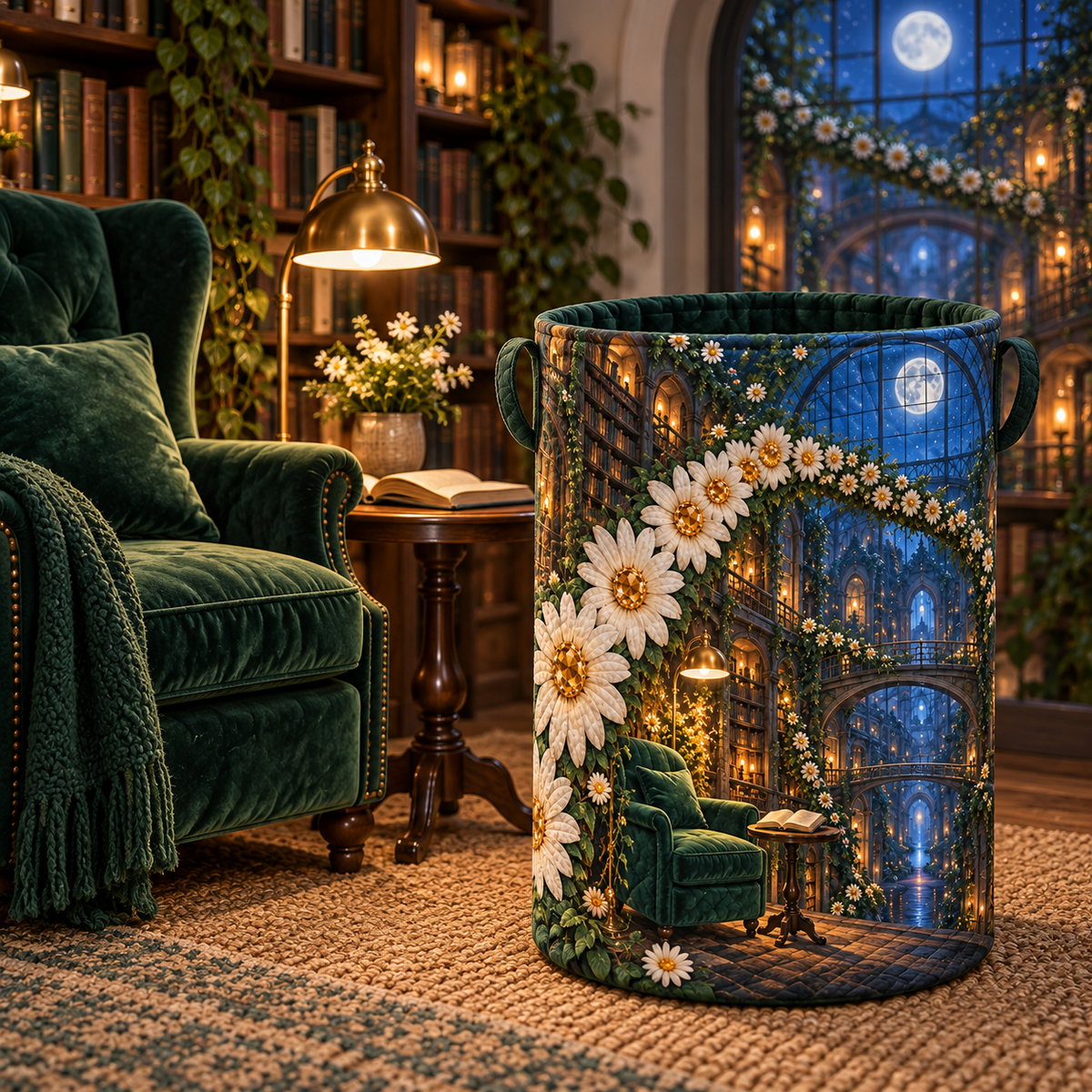 Daisy Lantern Library Laundry Hamper with printed optical 3D artwork in its use setting