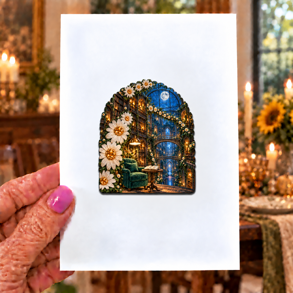 Daisy Lantern Library Acrylic Refrigerator Magnet with printed optical 3D artwork in its use setting