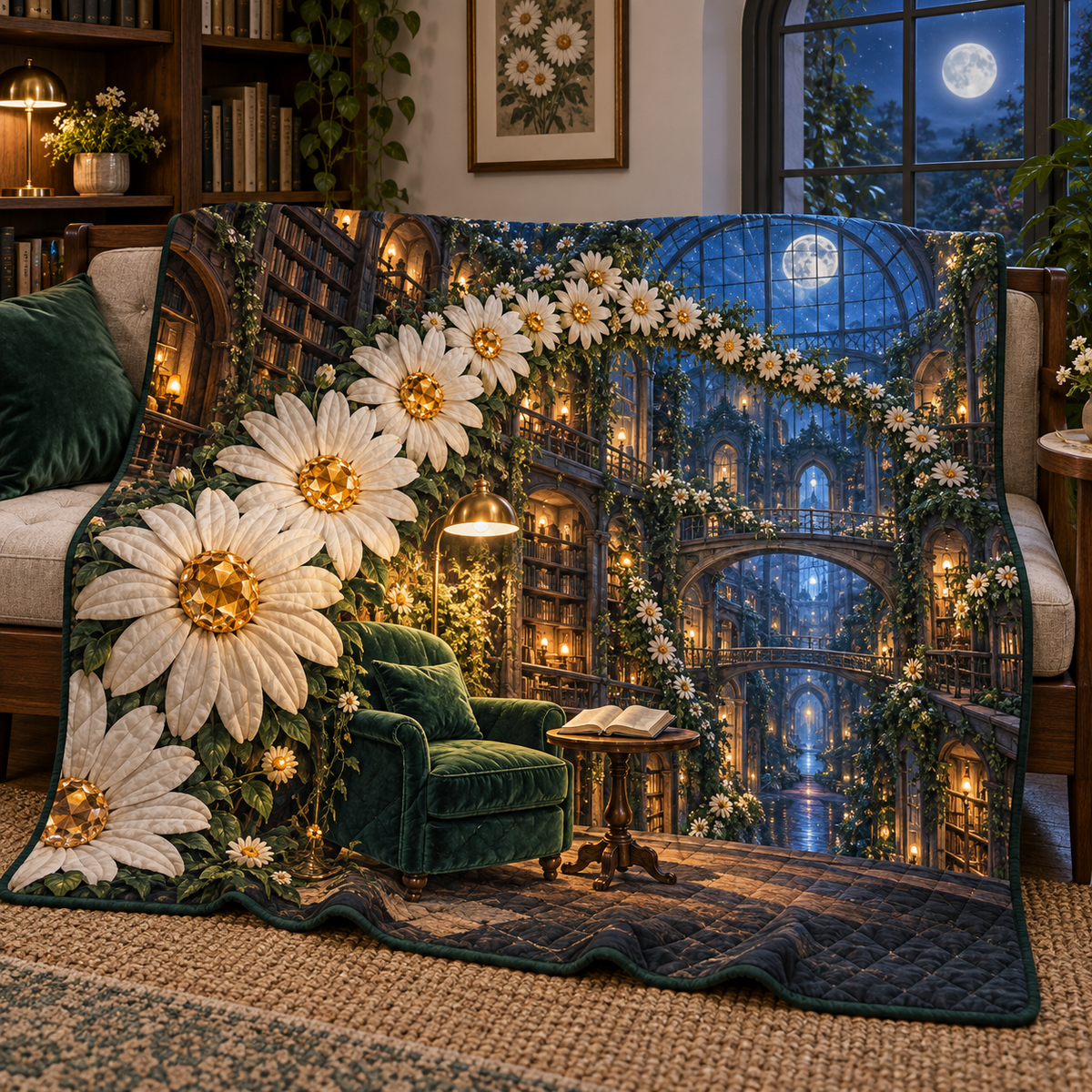 Daisy Lantern Library Quilt Blanket with printed optical 3D artwork in its use setting