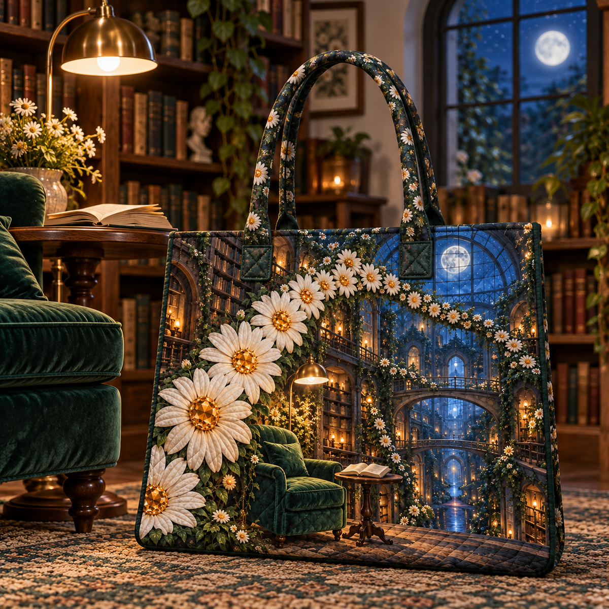 Daisy Lantern Library Quilted Tote Bag with printed optical 3D artwork in its use setting