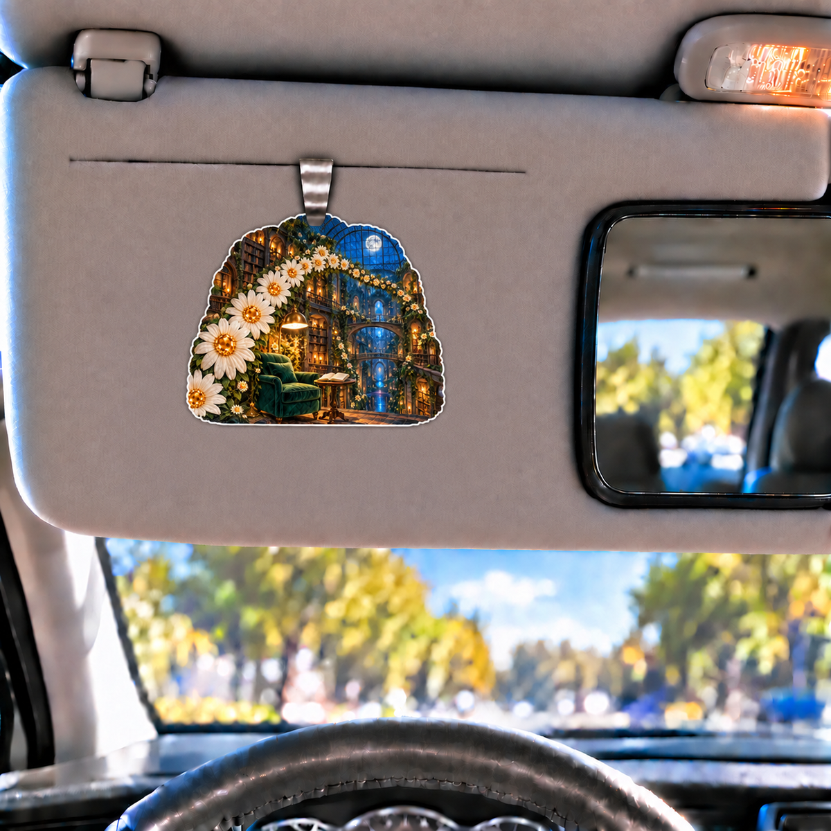Daisy Lantern Library Holographic Car Visor Clip with printed optical 3D artwork in its use setting