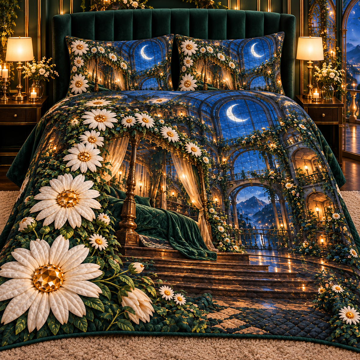 Daisy Moonlight Canopy Quilted Bedding Set with printed optical 3D artwork in its use setting