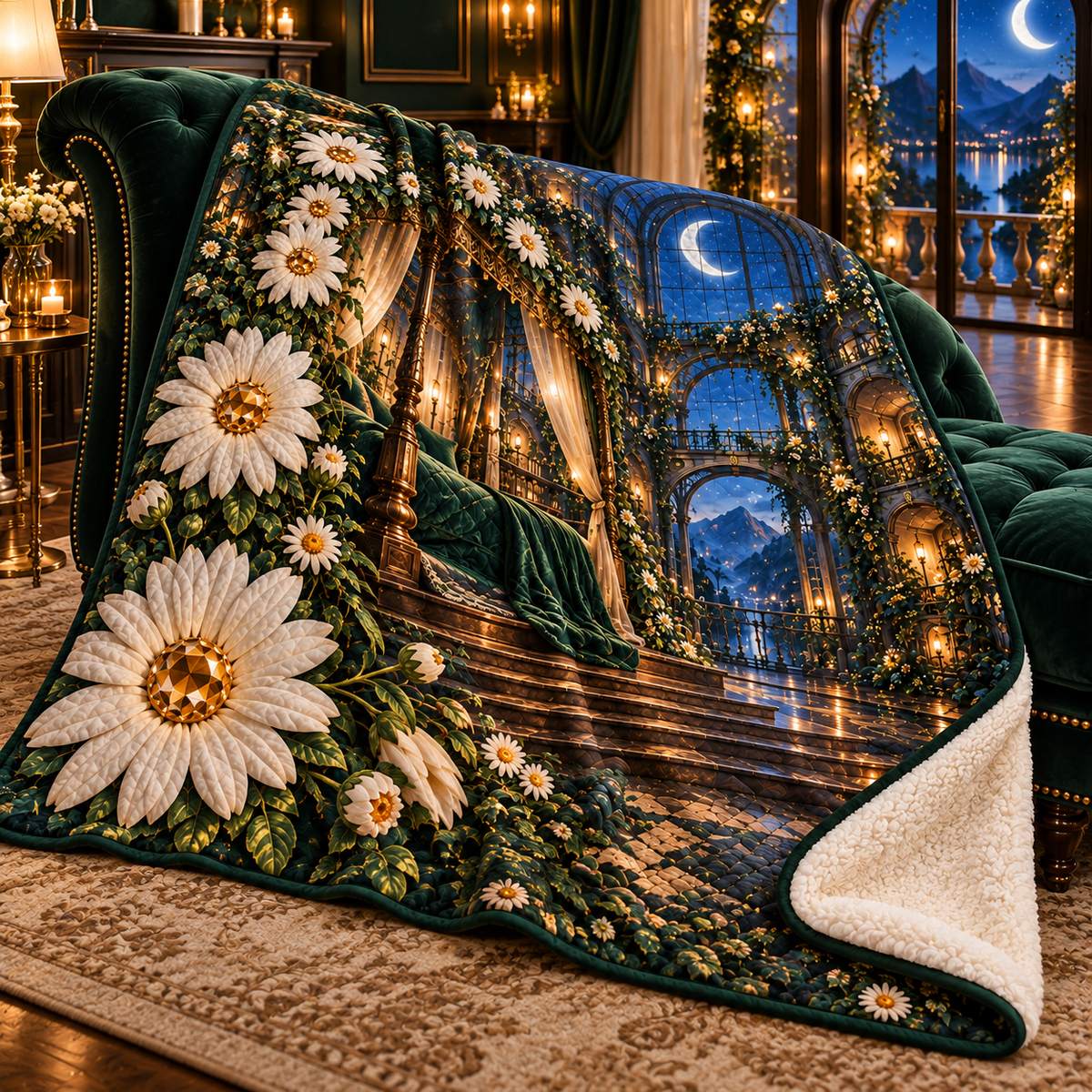 Daisy Moonlight Canopy Sherpa & Fleece Blanket with printed optical 3D artwork in its use setting
