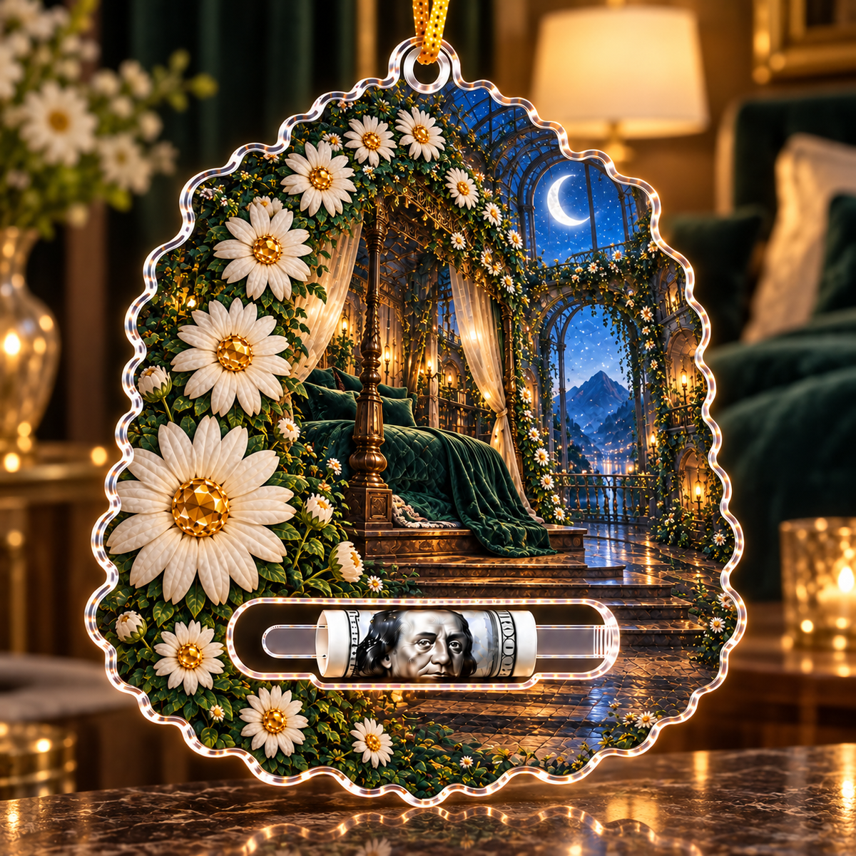 Daisy Moonlight Canopy Acrylic Cash Holder Ornament with printed optical 3D artwork in its use setting