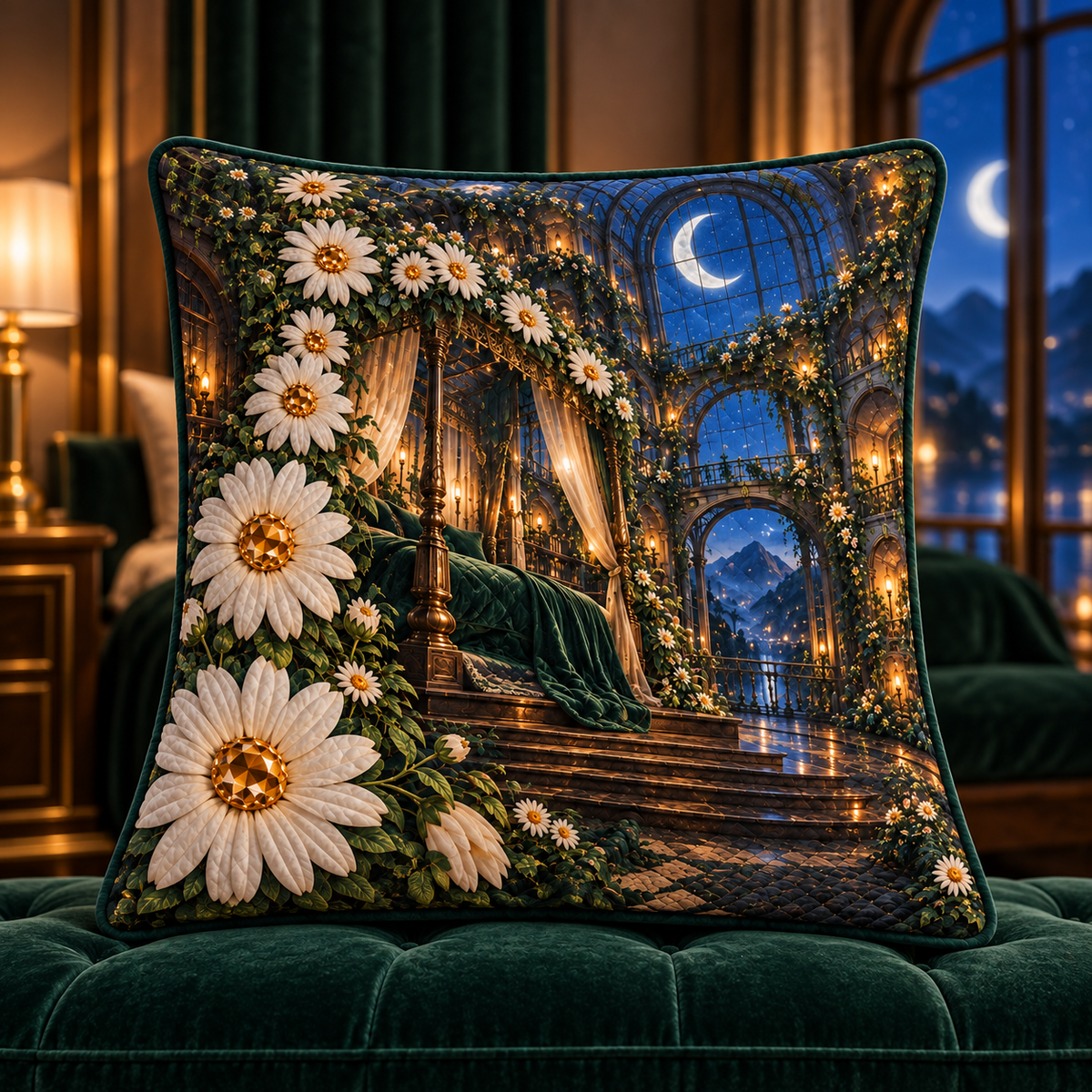 Daisy Moonlight Canopy Quilted Cushion Cover with printed optical 3D artwork in its use setting