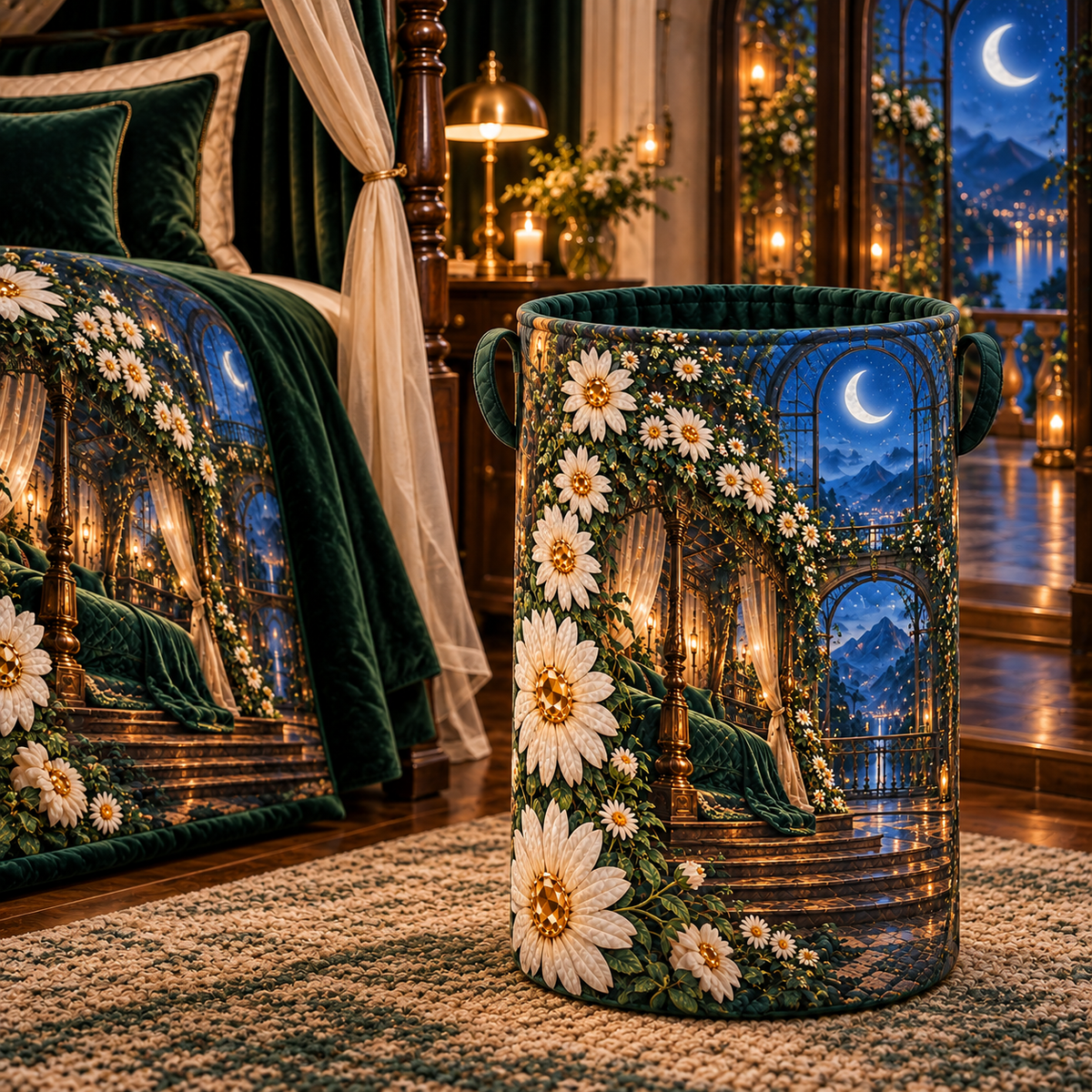 Daisy Moonlight Canopy Laundry Hamper with printed optical 3D artwork in its use setting