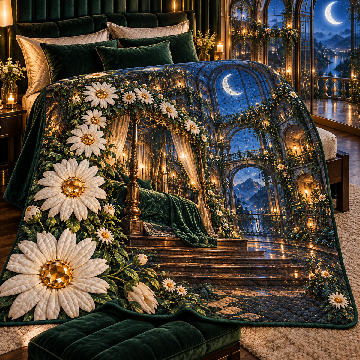 Daisy Moonlight Canopy Quilt Blanket with printed optical 3D artwork in its use setting