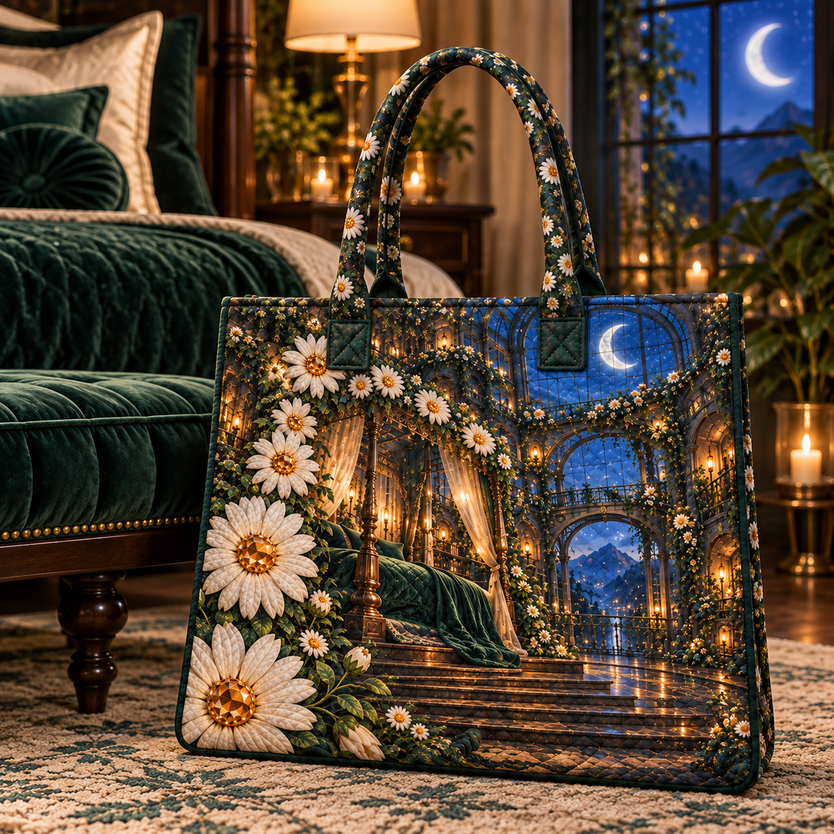 Daisy Moonlight Canopy Quilted Tote Bag with printed optical 3D artwork in its use setting