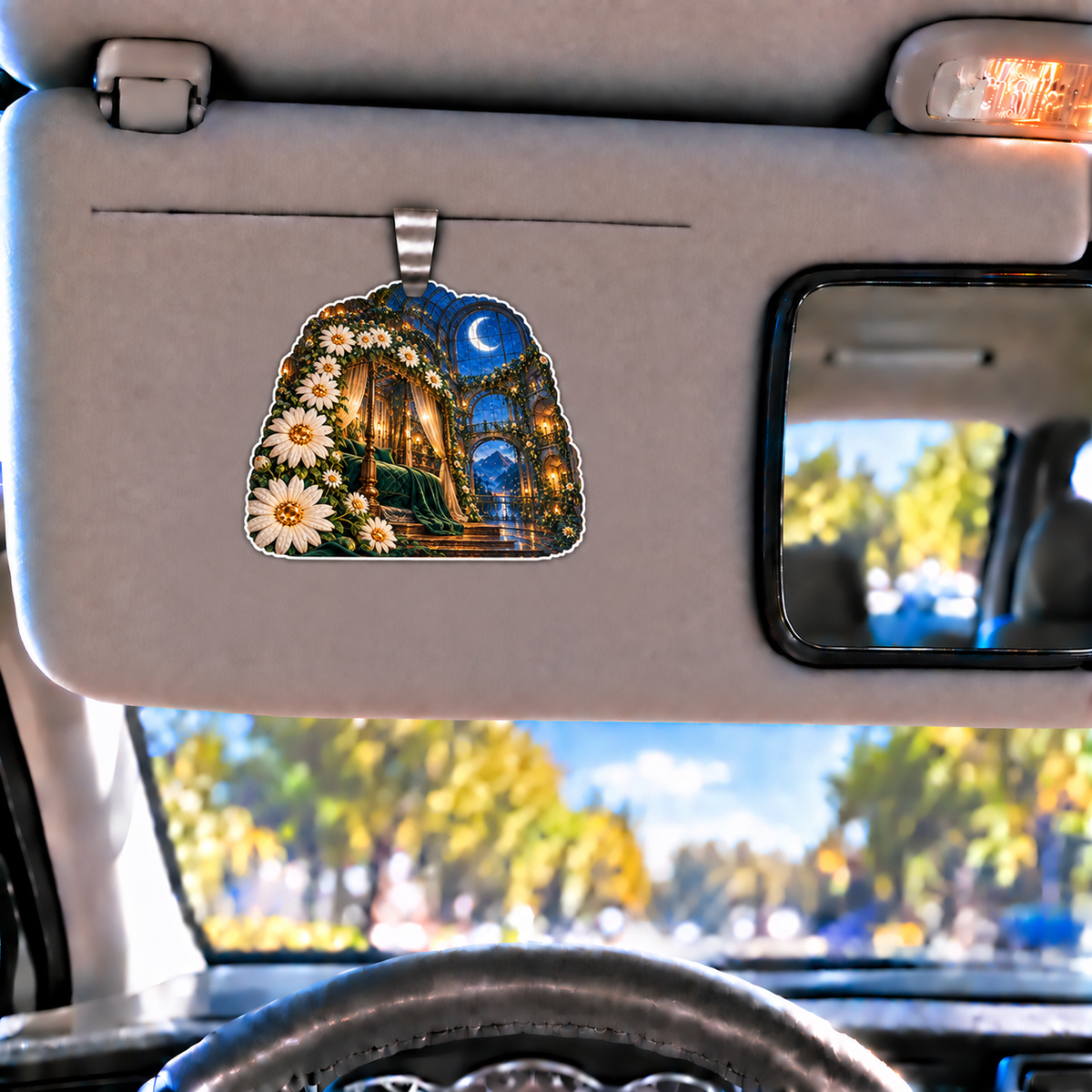 Daisy Moonlight Canopy Holographic Car Visor Clip with printed optical 3D artwork in its use setting