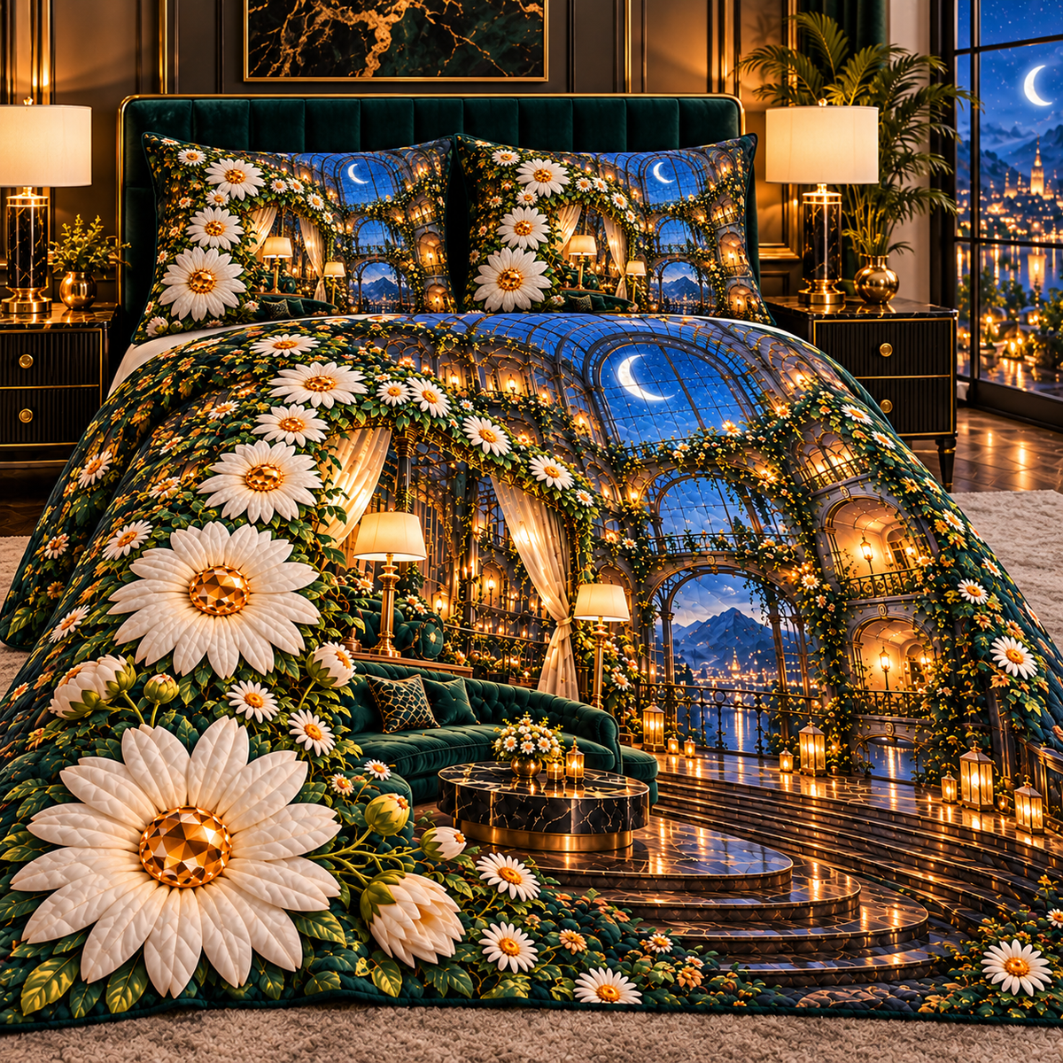 Daisy Atrium Salon Quilted Bedding Set with printed optical 3D artwork in its use setting