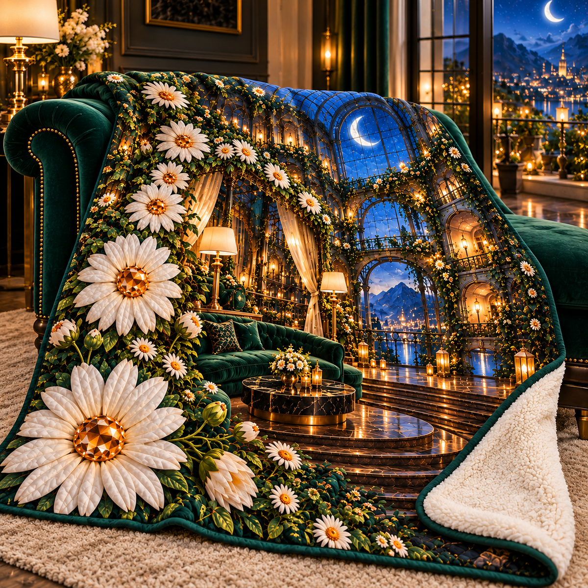 Daisy Atrium Salon Sherpa & Fleece Blanket with printed optical 3D artwork in its use setting