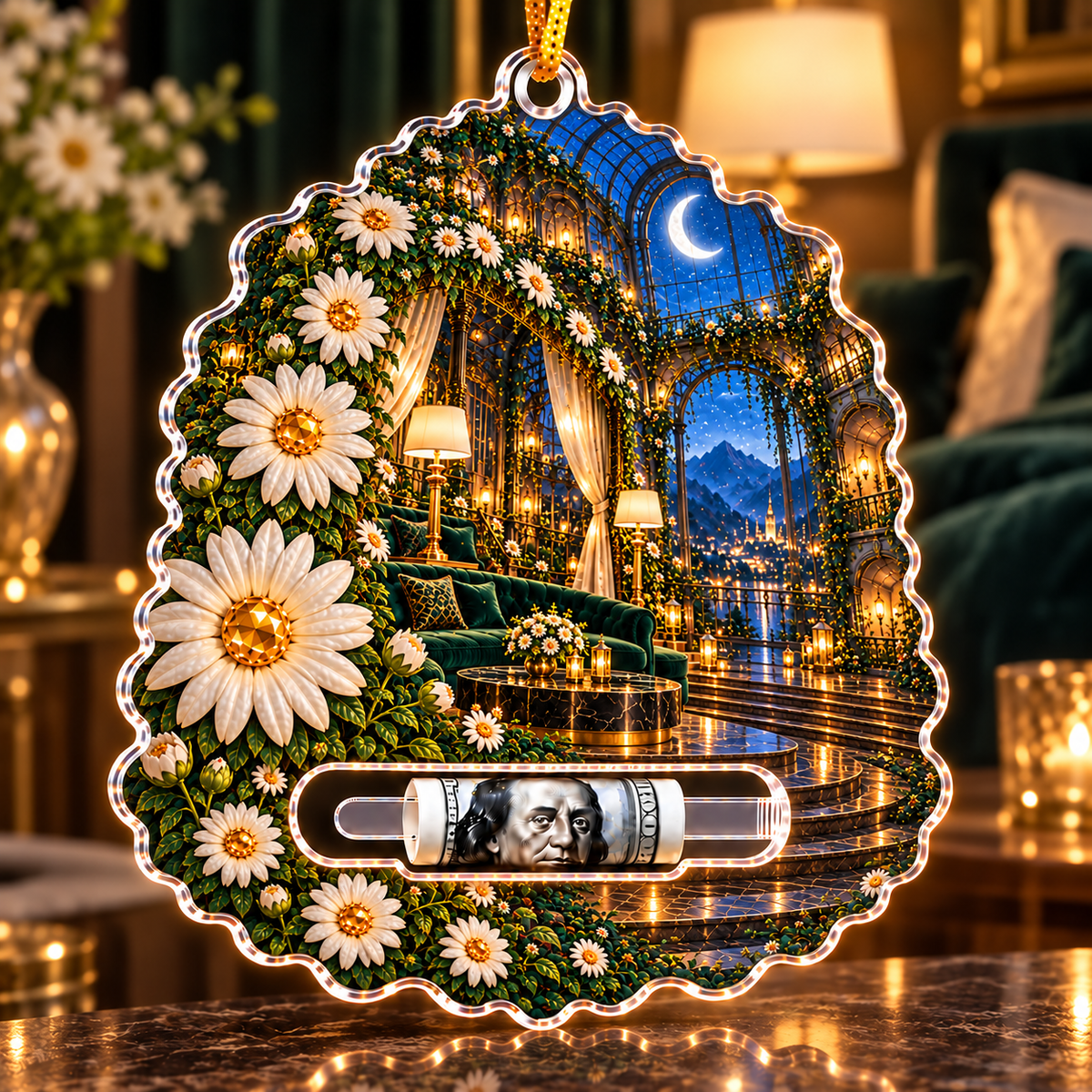Daisy Atrium Salon Acrylic Cash Holder Ornament with printed optical 3D artwork in its use setting