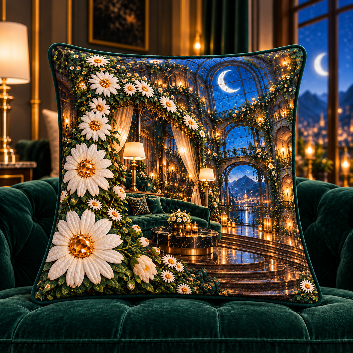 Daisy Atrium Salon Quilted Cushion Cover with printed optical 3D artwork in its use setting