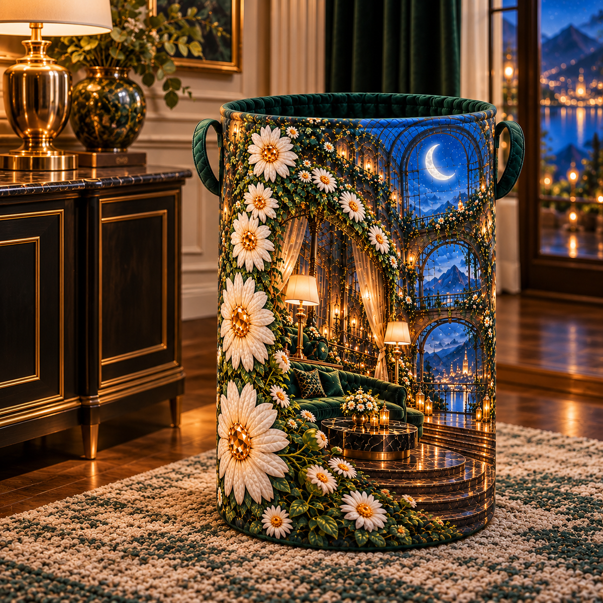 Daisy Atrium Salon Laundry Hamper with printed optical 3D artwork in its use setting