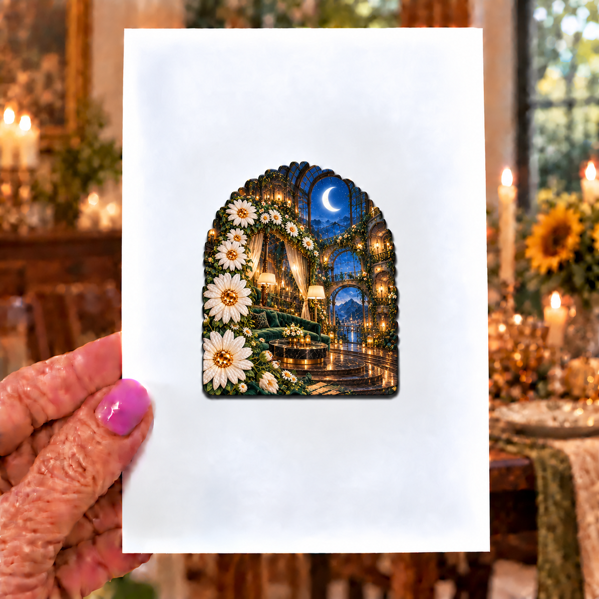 Daisy Atrium Salon Acrylic Refrigerator Magnet with printed optical 3D artwork in its use setting
