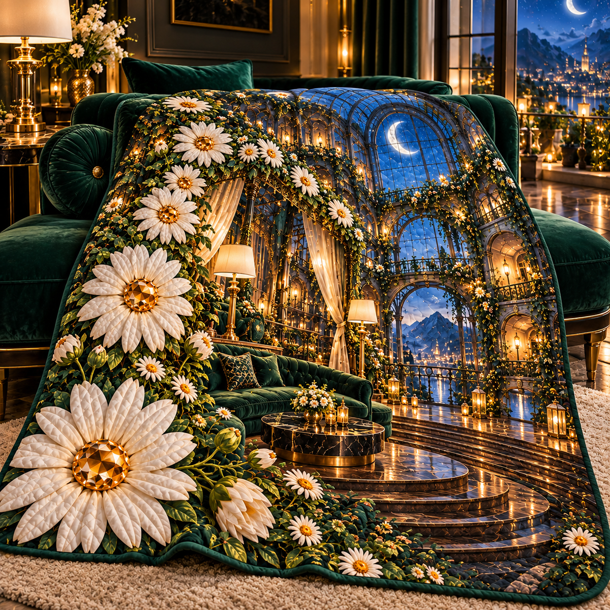 Daisy Atrium Salon Quilt Blanket with printed optical 3D artwork in its use setting