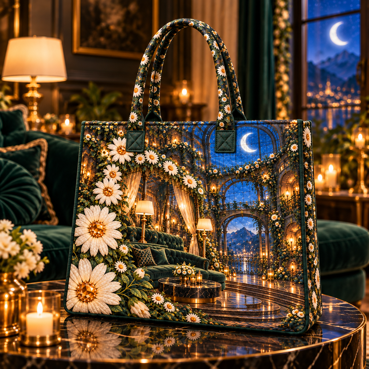 Daisy Atrium Salon Quilted Tote Bag with printed optical 3D artwork in its use setting