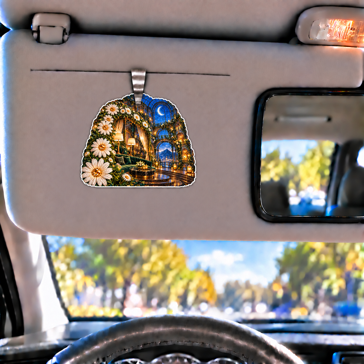 Daisy Atrium Salon Holographic Car Visor Clip with printed optical 3D artwork in its use setting