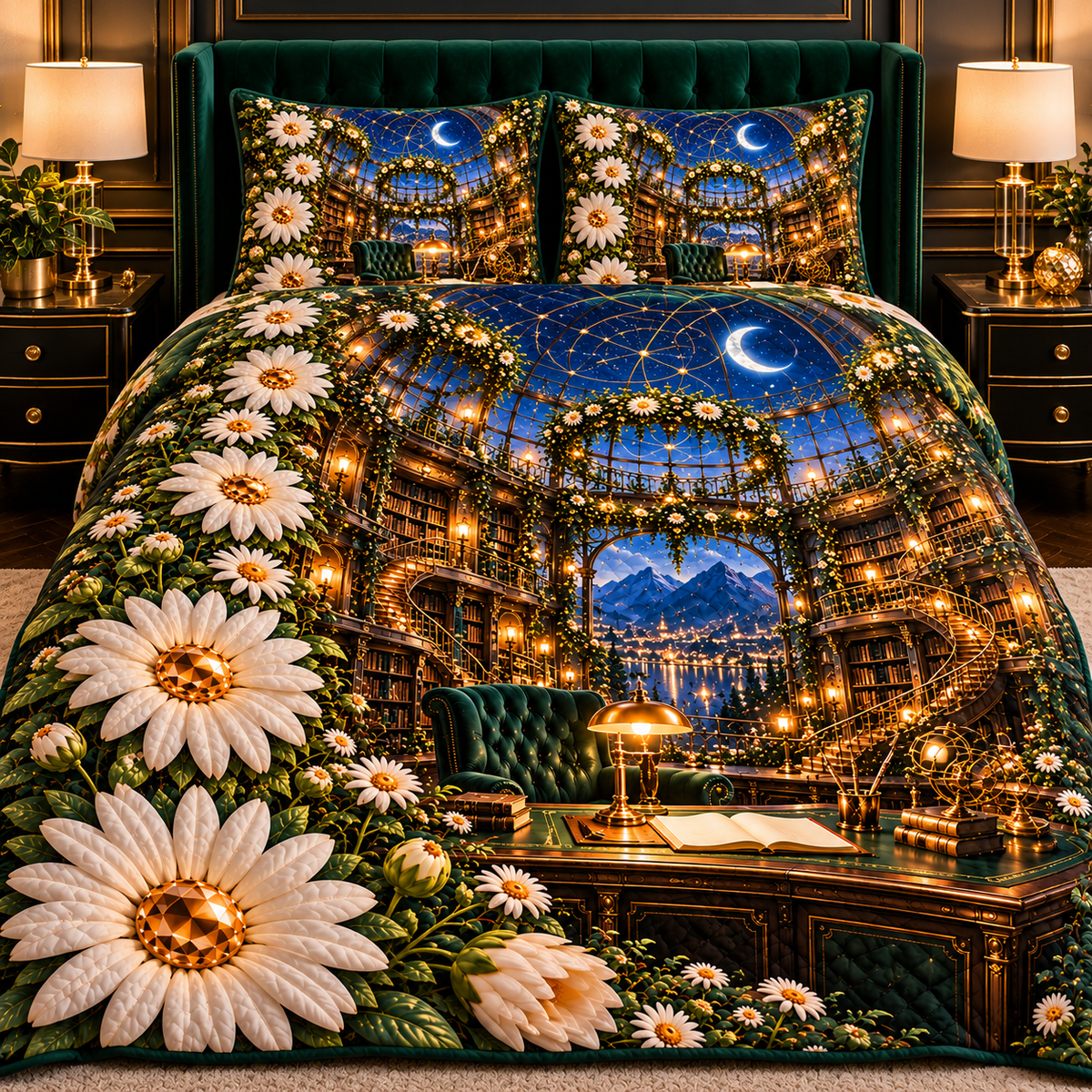 Daisy Observatory Study Quilted Bedding Set with printed optical 3D artwork in its use setting