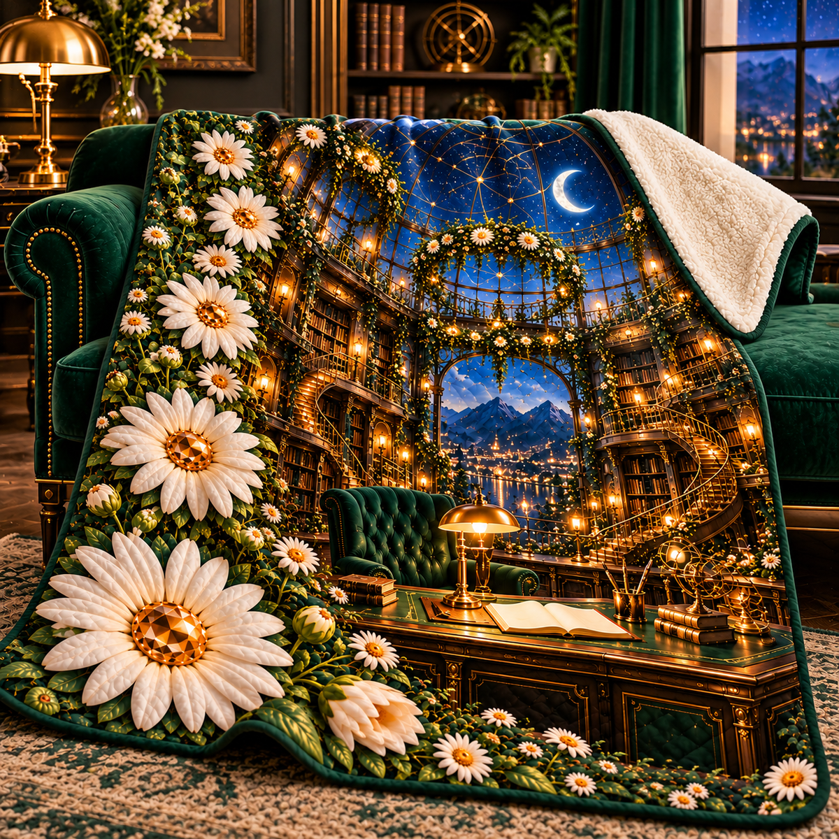 Daisy Observatory Study Sherpa & Fleece Blanket with printed optical 3D artwork in its use setting