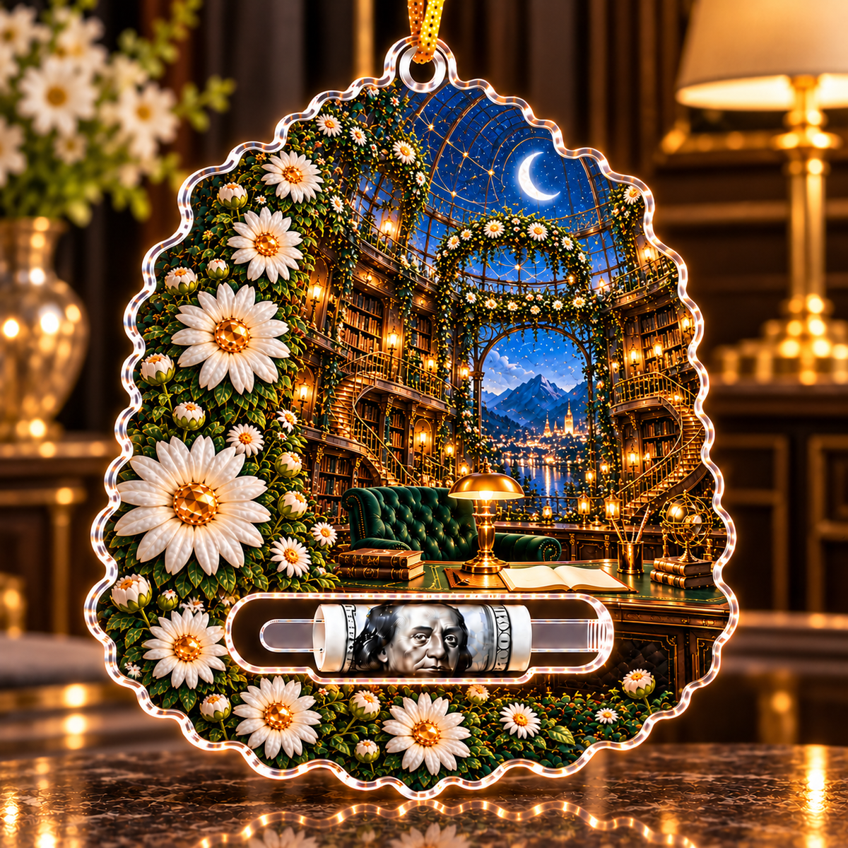 Daisy Observatory Study Acrylic Cash Holder Ornament with printed optical 3D artwork in its use setting