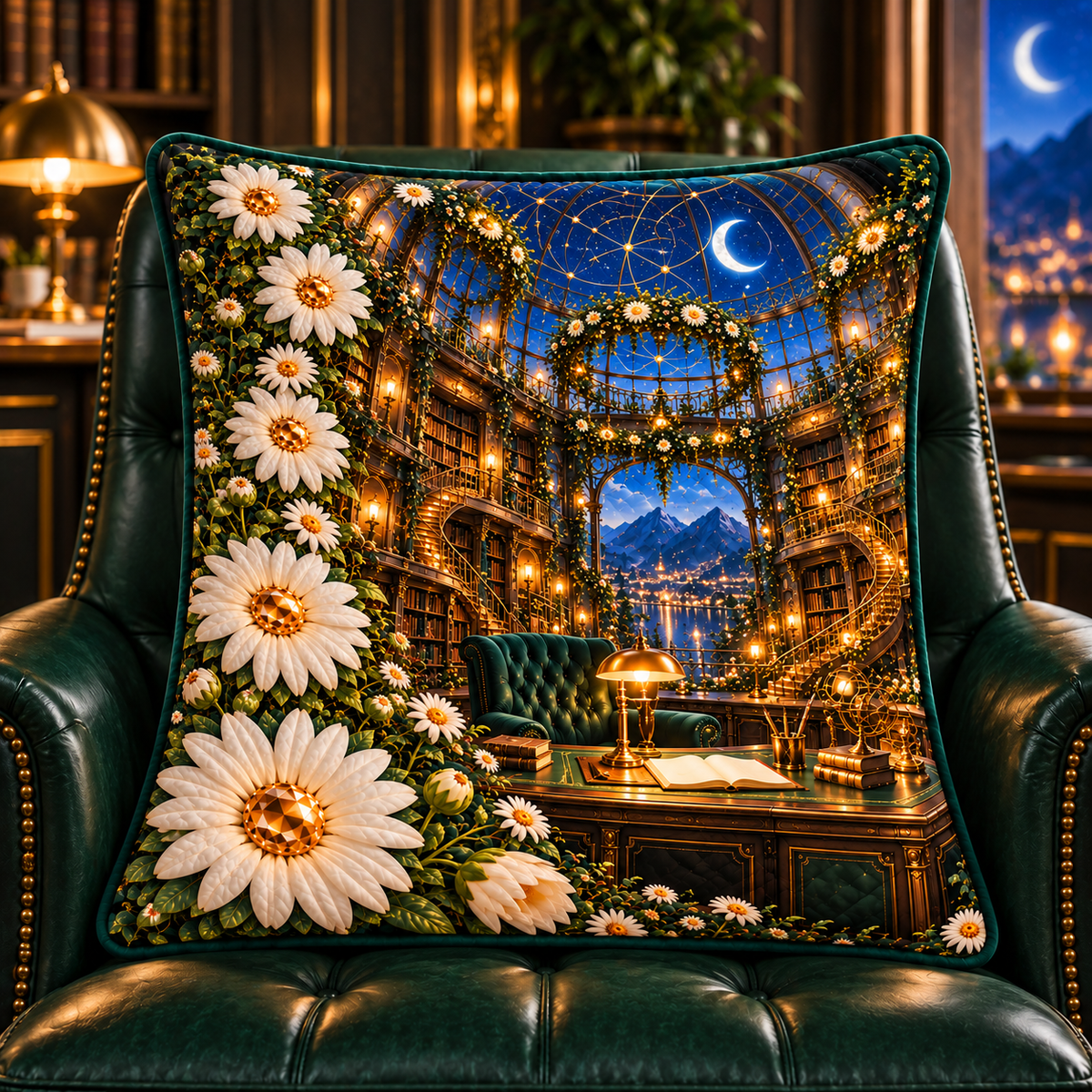 Daisy Observatory Study Quilted Cushion Cover with printed optical 3D artwork in its use setting