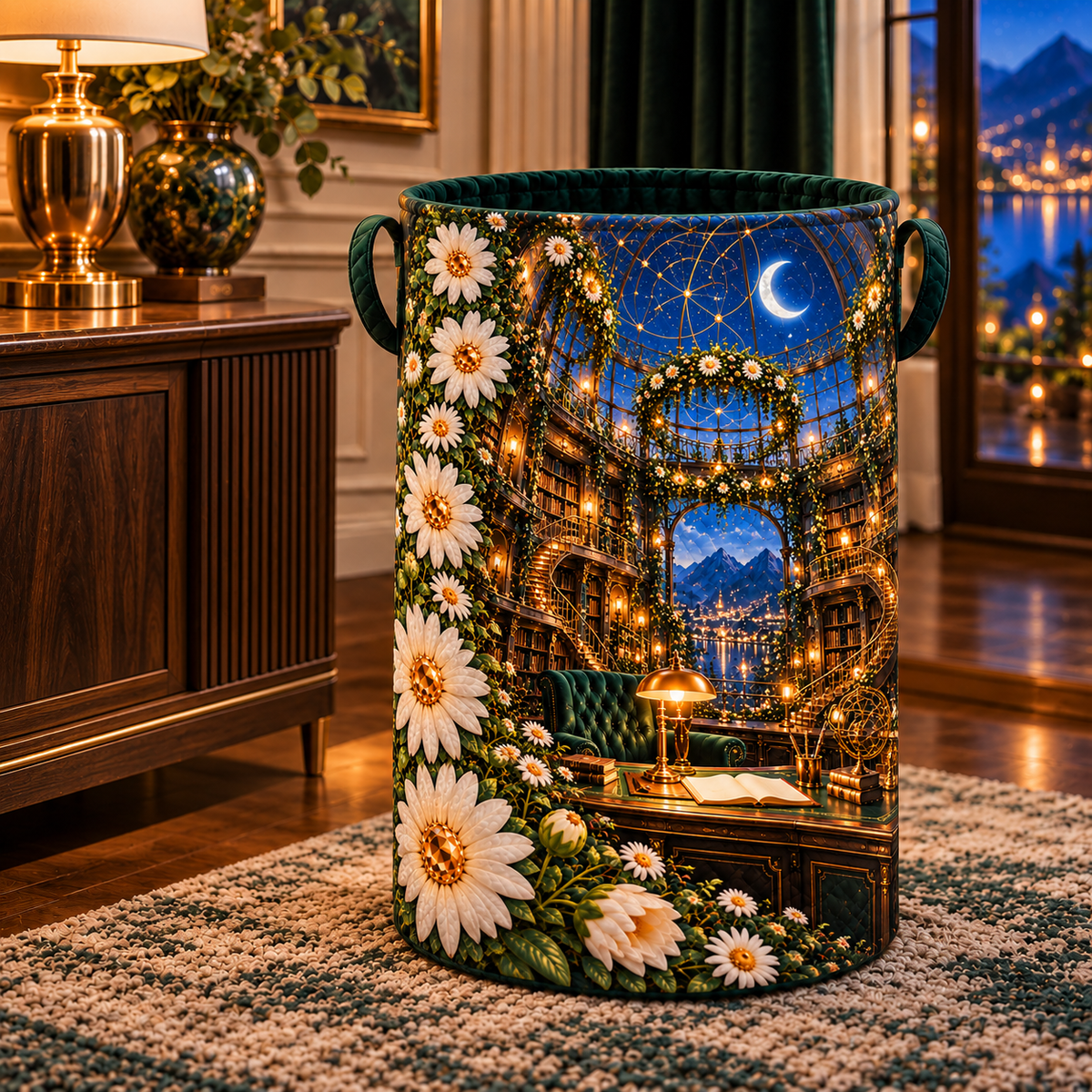 Daisy Observatory Study Laundry Hamper with printed optical 3D artwork in its use setting