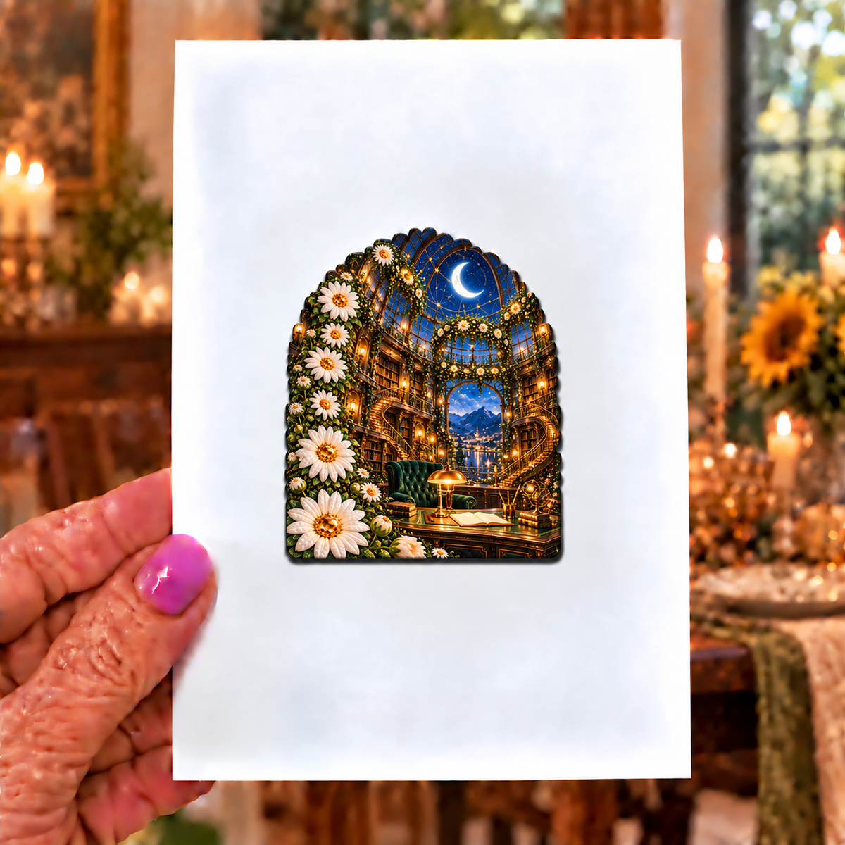 Daisy Observatory Study Acrylic Refrigerator Magnet with printed optical 3D artwork in its use setting