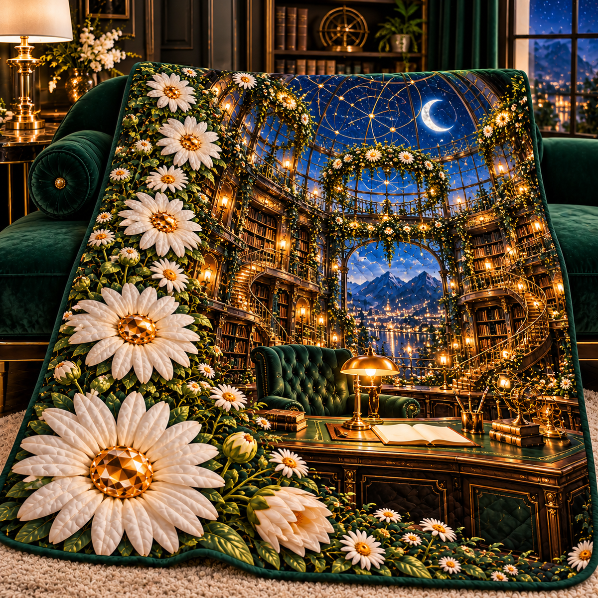Daisy Observatory Study Quilt Blanket with printed optical 3D artwork in its use setting