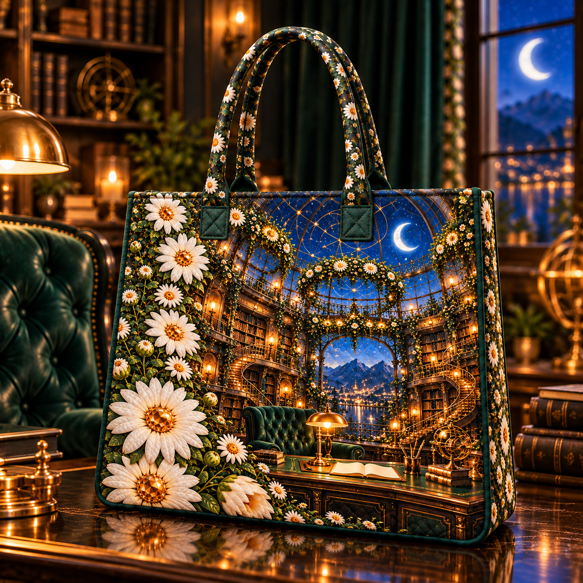 Daisy Observatory Study Quilted Tote Bag with printed optical 3D artwork in its use setting
