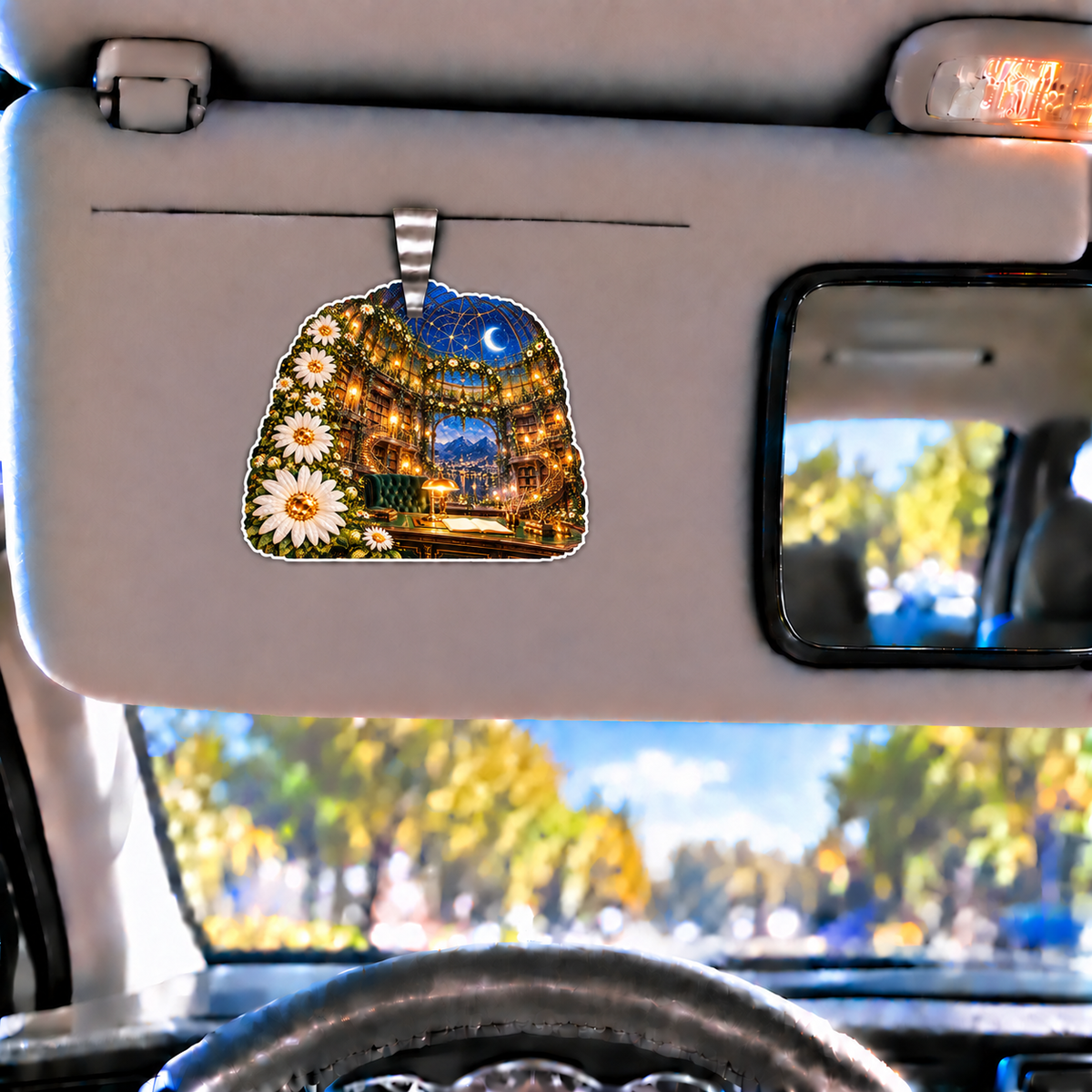 Daisy Observatory Study Holographic Car Visor Clip with printed optical 3D artwork in its use setting
