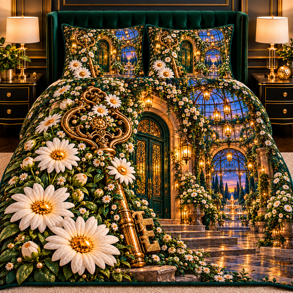Daisy Keyhouse Atrium Quilted Bedding Set with printed optical 3D artwork in its use setting