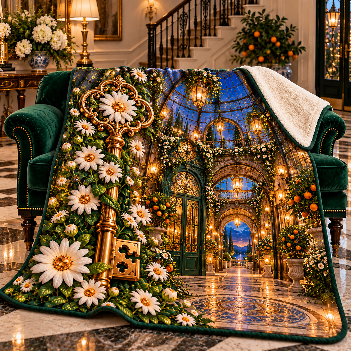 Daisy Keyhouse Atrium Sherpa & Fleece Blanket with printed optical 3D artwork in its use setting