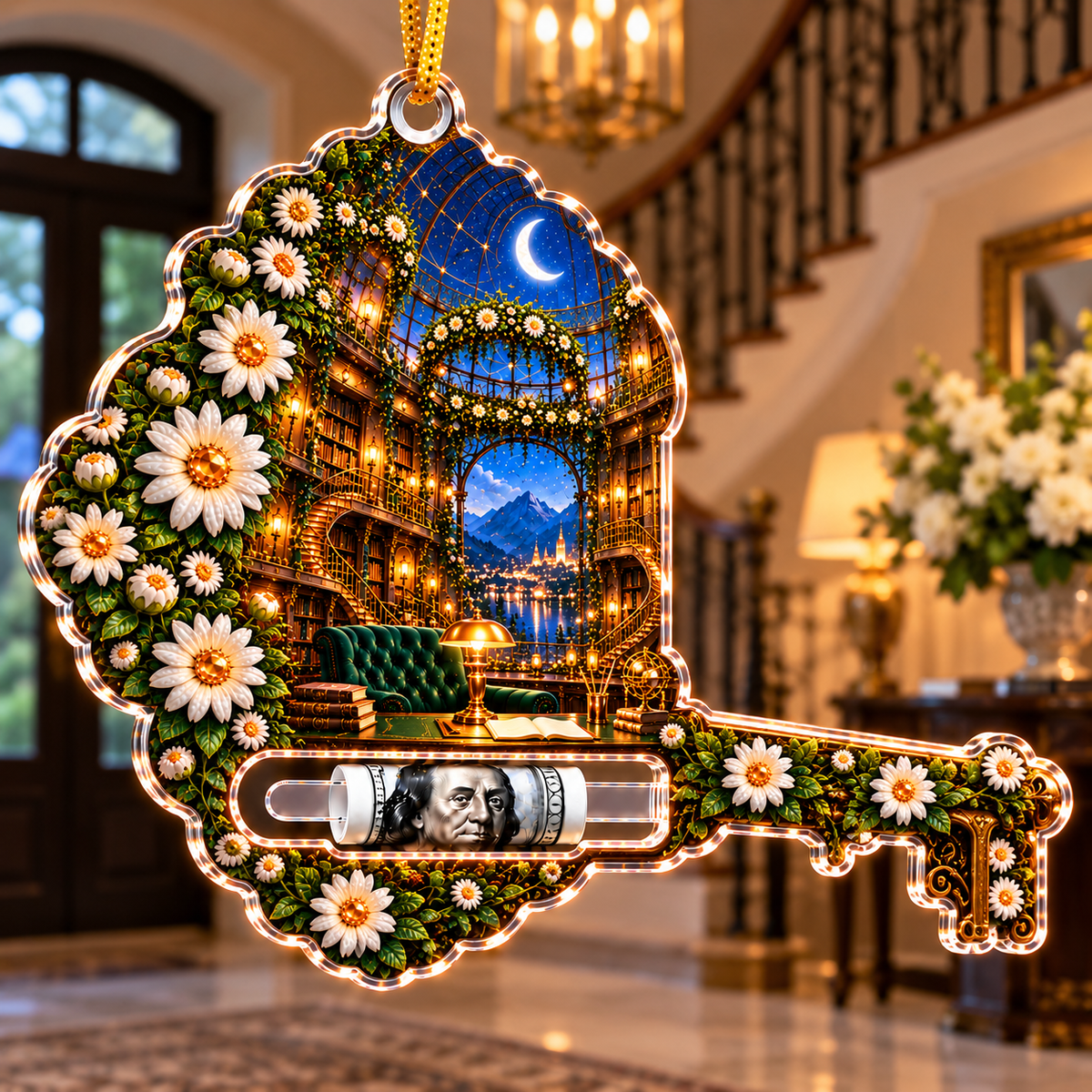 Daisy Keyhouse Atrium Acrylic Cash Holder Ornament with printed optical 3D artwork in its use setting