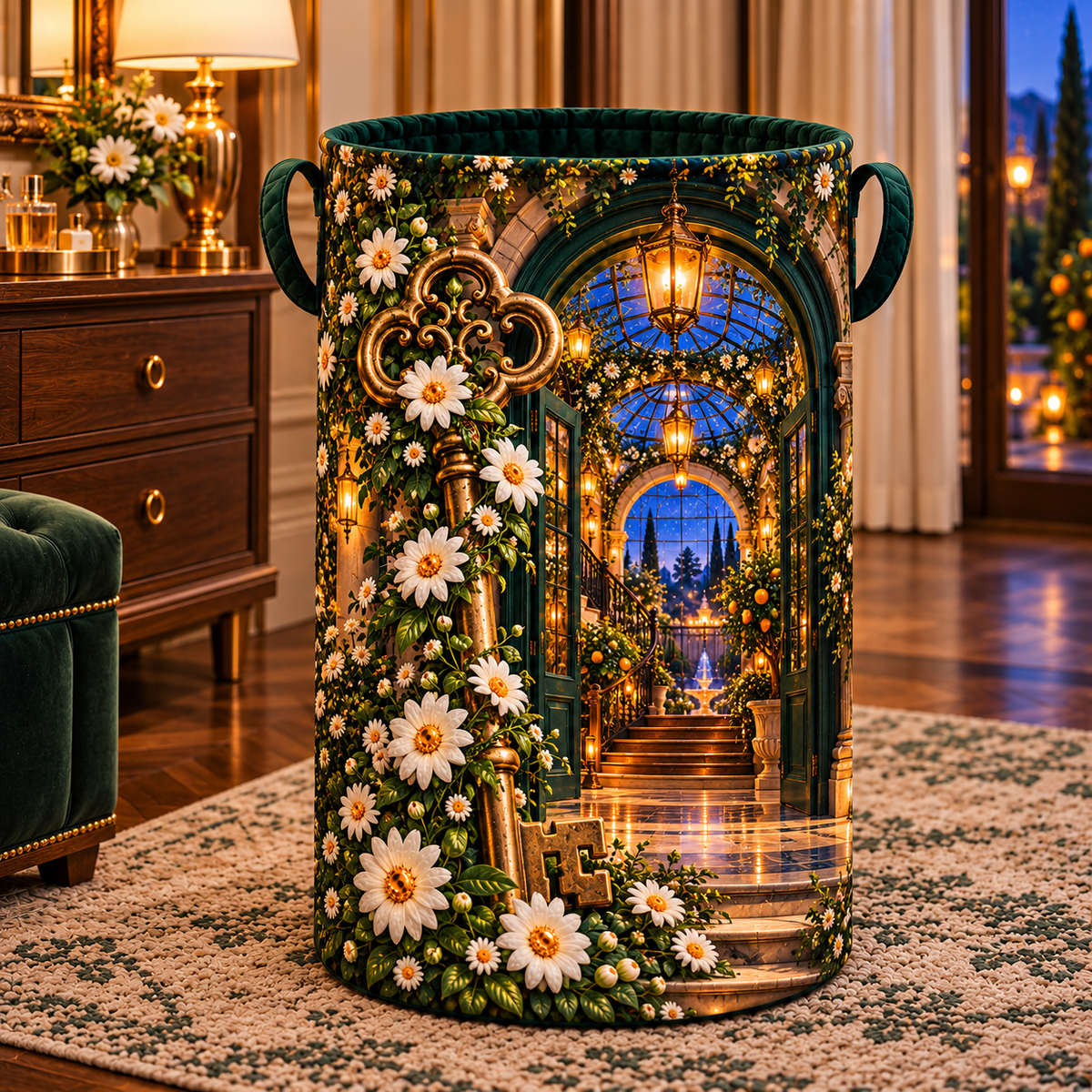 Daisy Keyhouse Atrium Laundry Hamper with printed optical 3D artwork in its use setting
