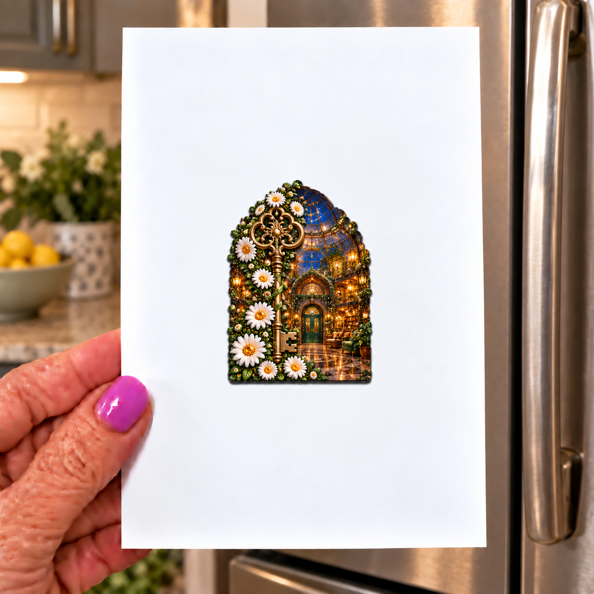 Daisy Keyhouse Atrium Acrylic Refrigerator Magnet with printed optical 3D artwork in its use setting