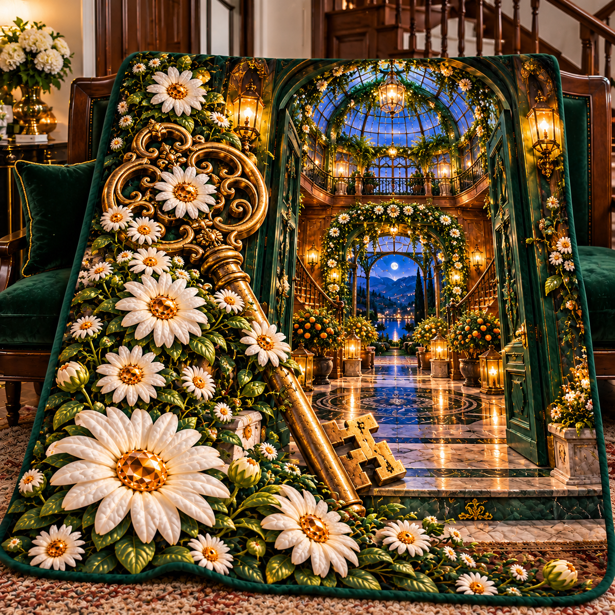 Daisy Keyhouse Atrium Quilt Blanket with printed optical 3D artwork in its use setting