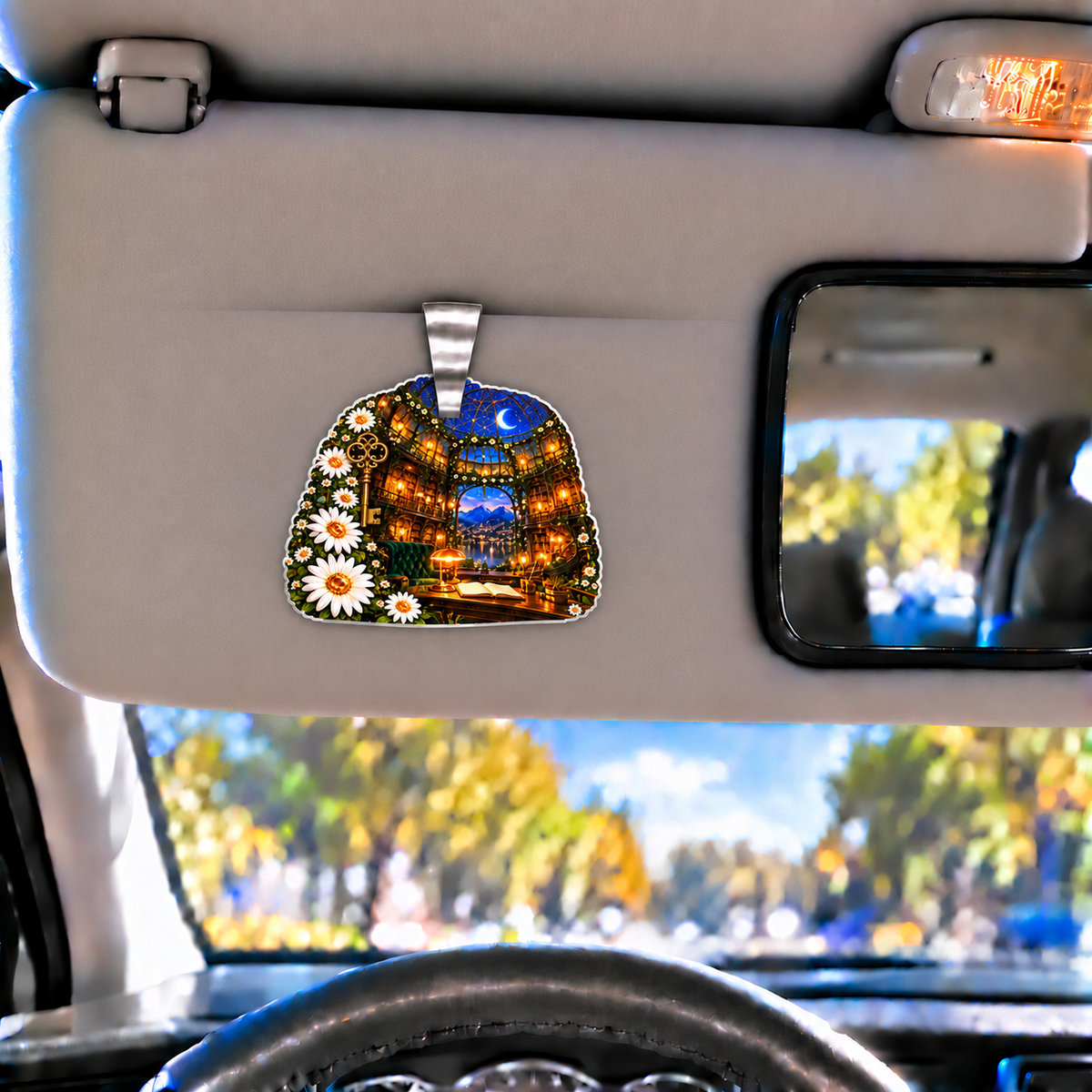 Daisy Keyhouse Atrium Holographic Car Visor Clip with printed optical 3D artwork in its use setting