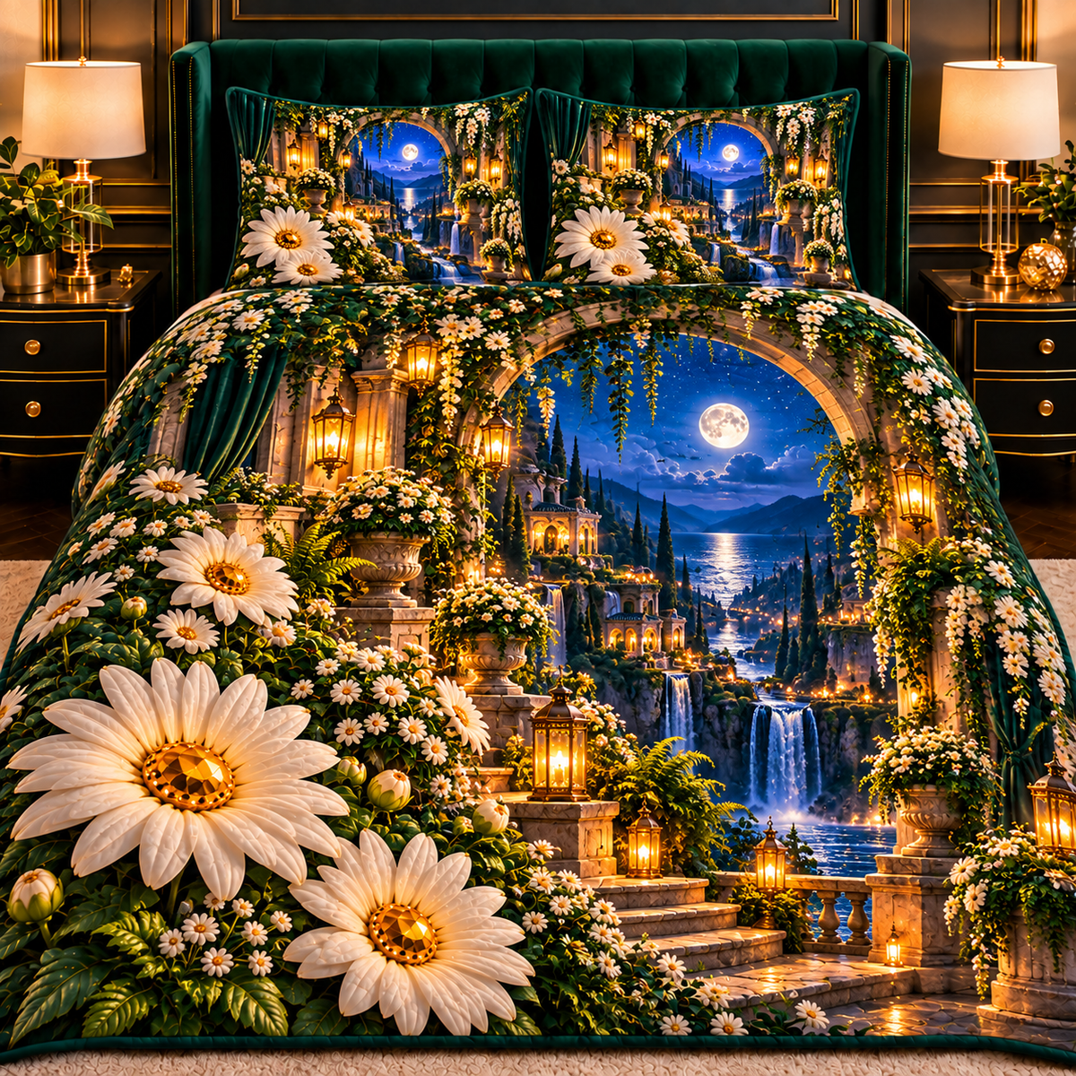 Daisy Moonwell Alcove Quilted Bedding Set with printed optical 3D artwork in its use setting