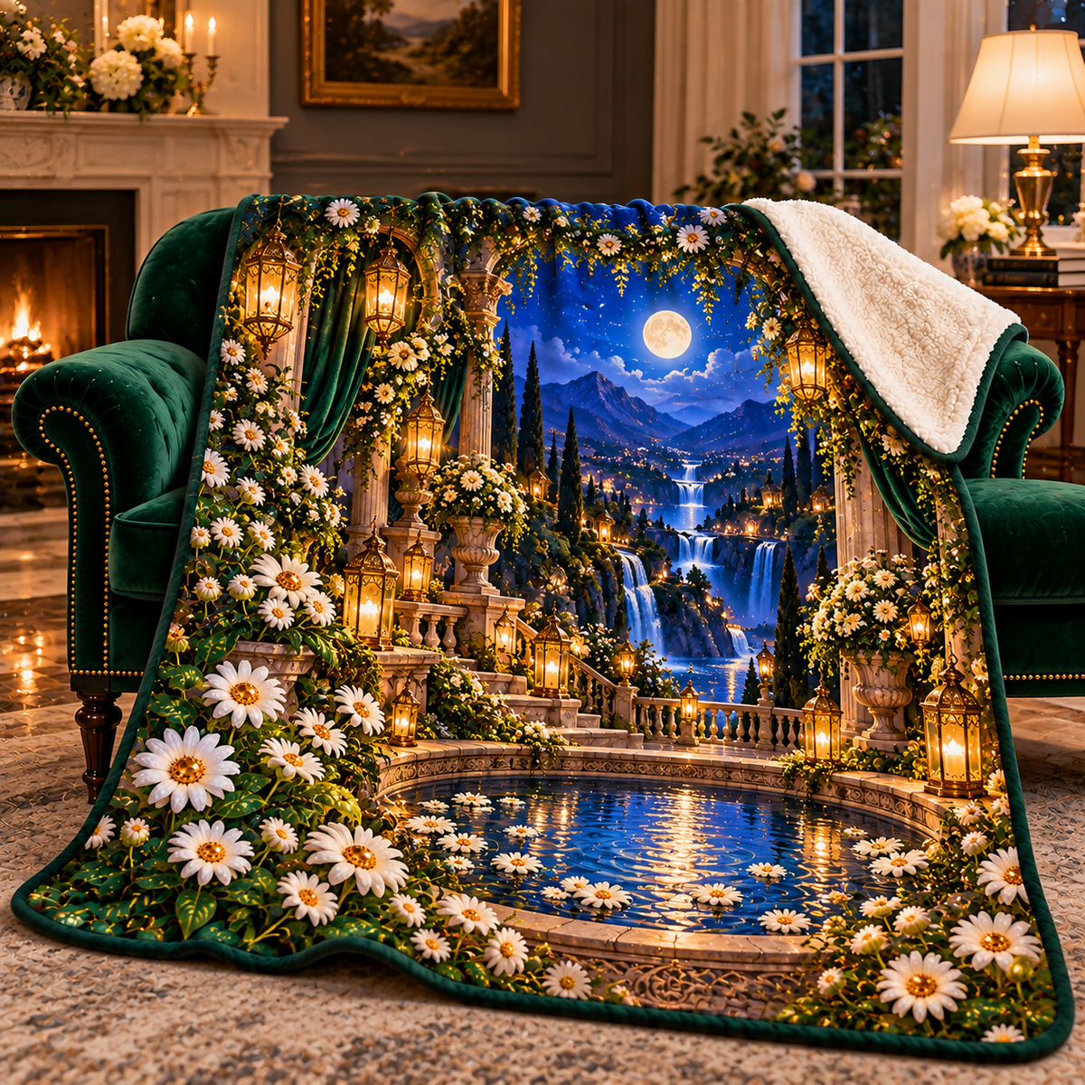 Daisy Moonwell Alcove Sherpa & Fleece Blanket with printed optical 3D artwork in its use setting