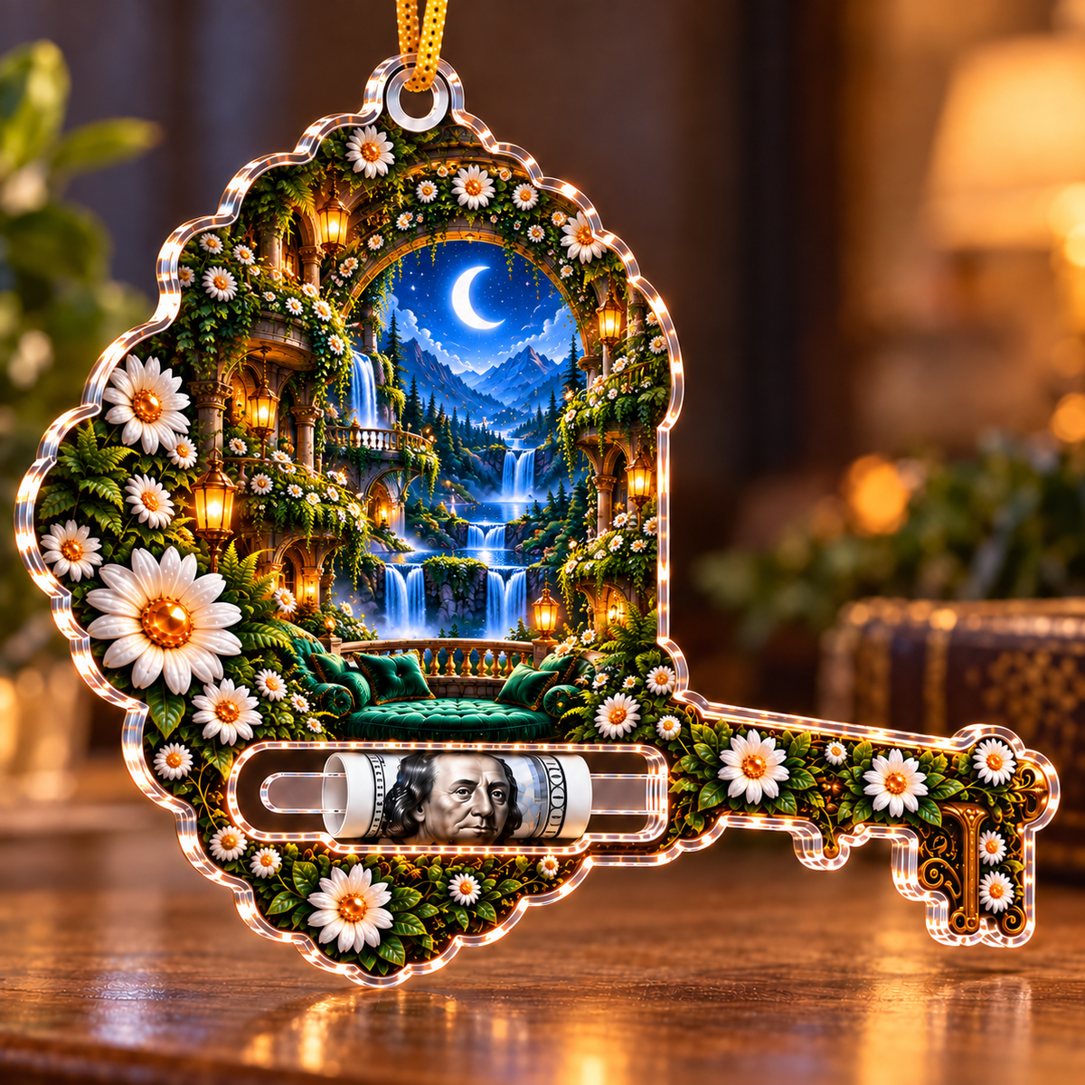 Daisy Moonwell Alcove Acrylic Cash Holder Ornament with printed optical 3D artwork in its use setting